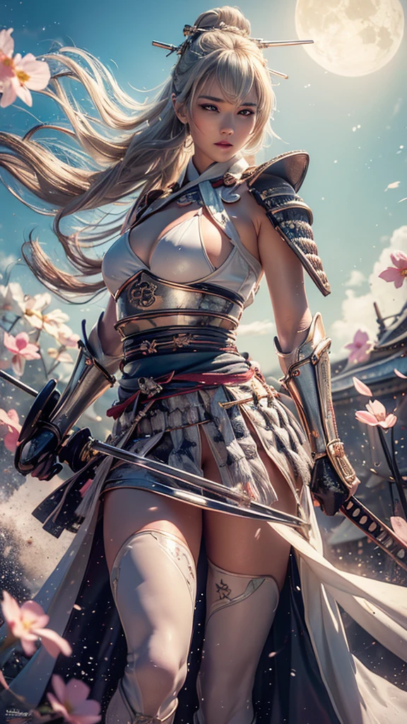 {best quality}, {very aesthetic}, {ultra-detailed}, nsfw、((look at viewer)) 、((intense angle))、A sexy female character wearing white and milky armor as a warrior from the Sengoku period、((realistic))、((drill hair))、((Silver gray hair ))、((toned body))、(glistening skin)、 tight body、((huge breasts))、((side boob))、Big Breasts、 plump thighs 、 white cream armor with a flower pattern engraved with a Tsukishita beauty flower pattern 、((side boob))、(  wearing a cloak with a flower pattern by Tsukishita beauty )、(shrine maiden clothes)、(rah-rah skirt)、White milky shin guard with beautiful flowers engraved on it 、White-milky high-leg underwear 、 pink tights that make you have huge breasts、 absolute domain、(holding with a spear)、(With a Spear is a sexy female character with white and milky armor all over her body as a warrior from the Sengoku period that is divided into three prongs )、Dramatic lighting、((Moonlight at night))、(( Tsukishita beauty's flowers are dancing ))、(( flowers blooming in full bloom in the background ))、(( large Tsukishita beauty flowers blooming in full bloom on the front ))、 cinema-like scene 、 Max Image、 Ultra High Definition、8k、masterpiece、crisp quality、