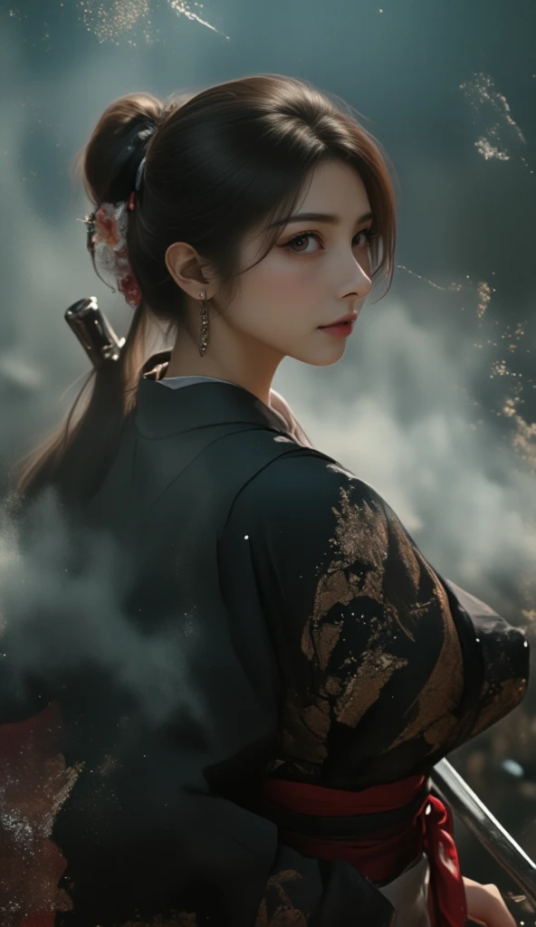 The mysterious slender woman, wearing a black Yukata and hakama, obi,(Musashi Miyamoto) Wielding a long Japan sword, Split with a powerful blow、Wrapped in a fog that blocks visibility, Revealing a vivid and otherworldly scene, The clarity of a sword strike against a blurry background, Mysterious Background, sharp gaze the camera.A mysterious layer of mist covers the foreground, Earrings, Clear Eyes, Exquisite and delicate kimono, Dramatic lighting and colors