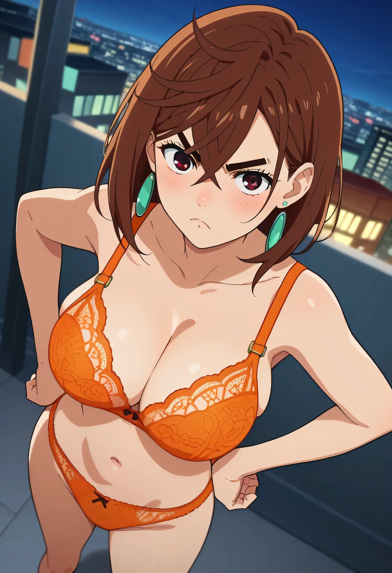 score_9, score_8_up, score_7_up, anime screencap, source_anime, 1girl, solo, KJOmomo, brown hair, brown eyes, medium hair, hair between eyes, thick eyebrows, earrings, big breasts, rounded breasts, orange lace bra, orange lace panties, standing, hands on hips, pout, looking at viewer, blush, dutch angle, from above, city, night, 