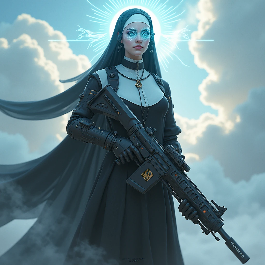 nun with gun on the clouds, standing in front of her face, cyberpunk art, cyberpunk nun warrior, girls frontline style, holy cyborg necromancer girl, from arknights