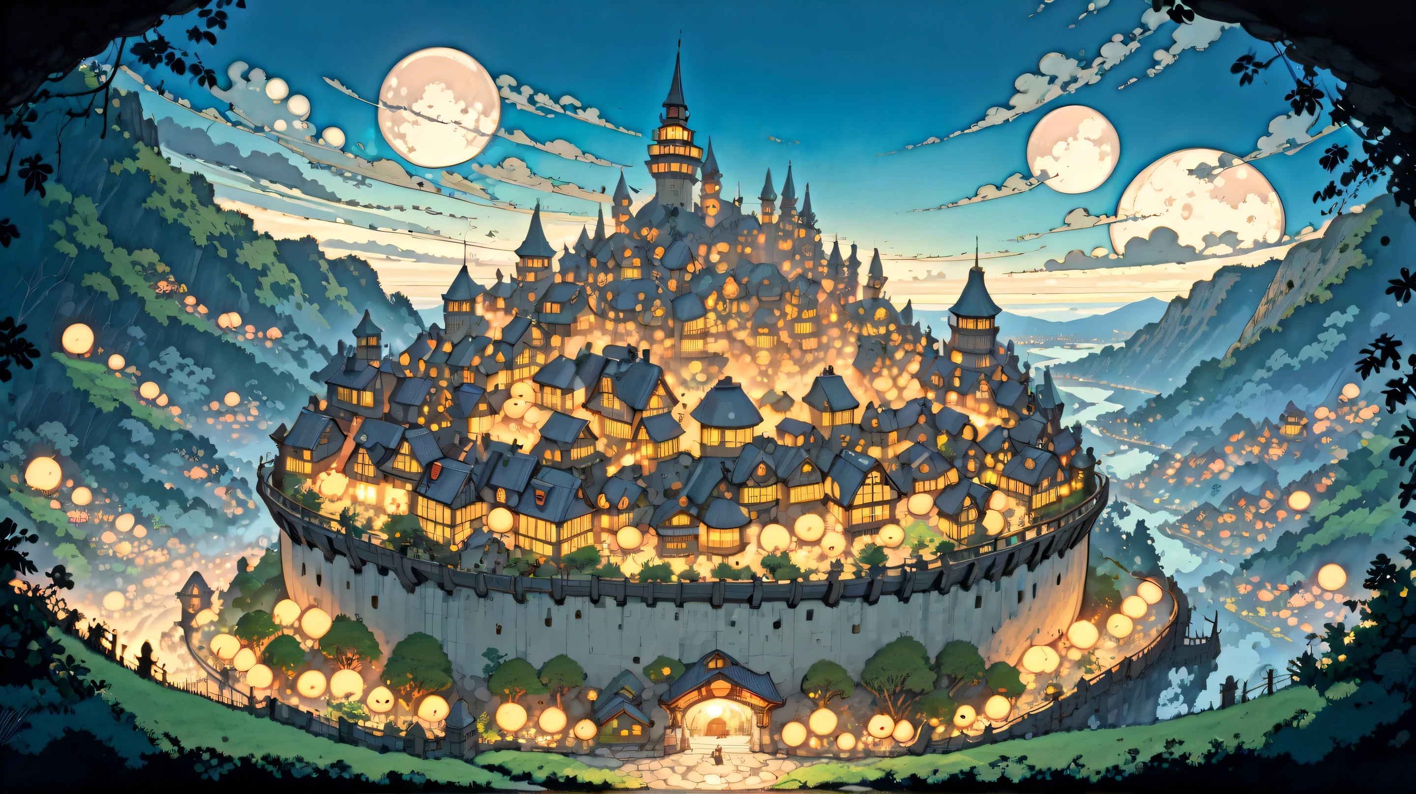 (masterpiece, ultra-detailed, top quality), (cartoon-like illustrations reminiscent of Hayao Miyazaki, Japanese 2D animation, shadows:1.3), distant night view from above, (3 huge peach moons:1.7), (huge medieval European castle town:1.3).