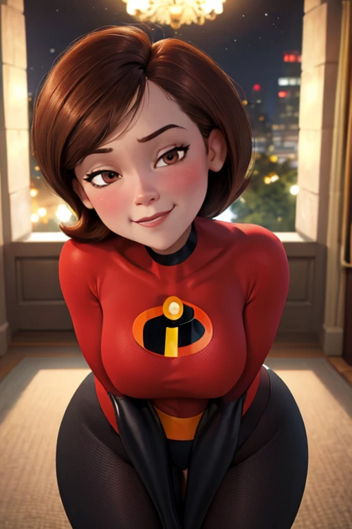 high quality, masterpiece, best quality, helenparr, 3d, 3d character, disney character, the incredibles, helen parr, looking at viewer, closed smile, brown hair, brown eyes, mature female, revealing clothes, forced smile, standing, blush, half-closed eyes, smile, empty eyes/no highlights (Leaning forward:1.5), Arms Down, ((Perfect Anatomy, beautifull detailed face, Beautiful detailed eyes, beautiful detailed hair, Beautiful detailed body)), thick outline, Beautiful outlines, black outlines, short hair, closed mouth, night, warm lighting, indoors