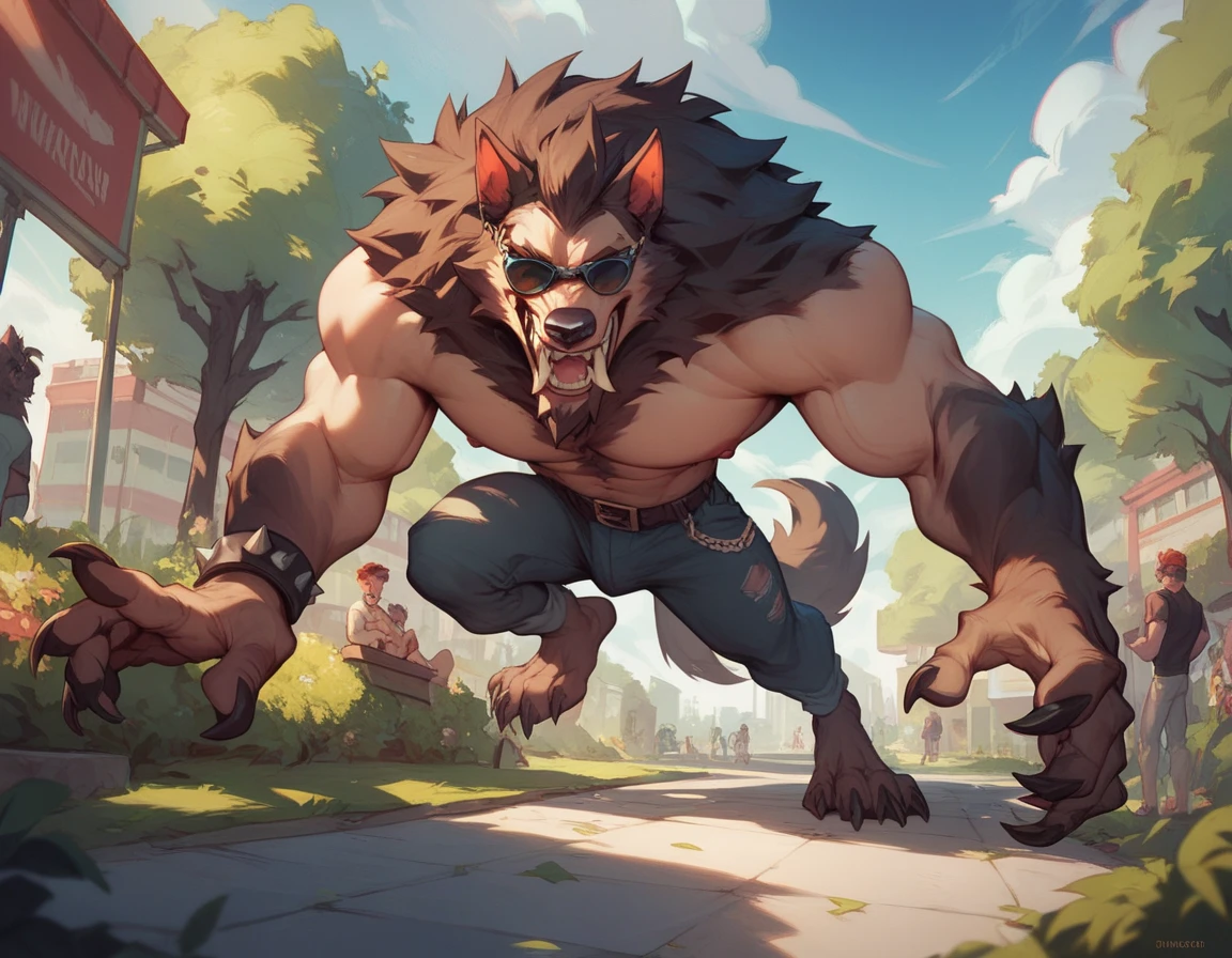 Giant Anthropomorphic Mightyena Pokemon Man, Yellow Eyes, Muscular, Hairy, Tired, Handsome, Charming, View from below, Daddy, Bara, Horny, Flirty, Older Brother, Four toed feet, cock and balls, teasy, Macro, Bully, Jock, flirting with tiny viewer, Loin Cloth