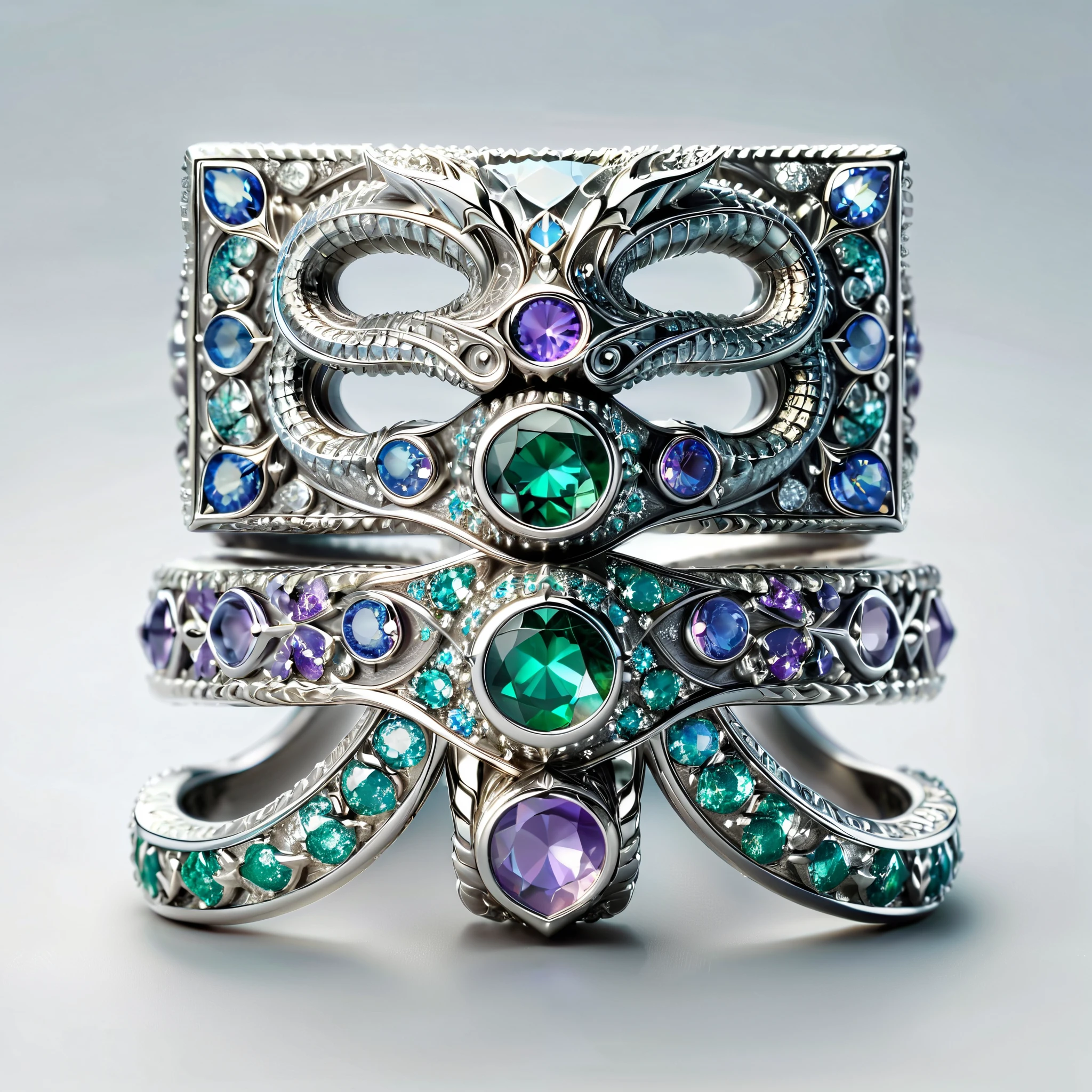 masterpiece, top quality, ( Nothing but the Ring), (no one), Dragon Head Ring , Emerald Inlaid Eyes , Made in platinum, Circles One End to the Other , Delicate silver ring , Soft Mist , luster, Positive image, Sparkling Blue Purple Gems , Elegant noble, Simple background , Extremely Detailed , extremist , Elegant, Gorgeous, surrealism , Super Detailed (( white background ))