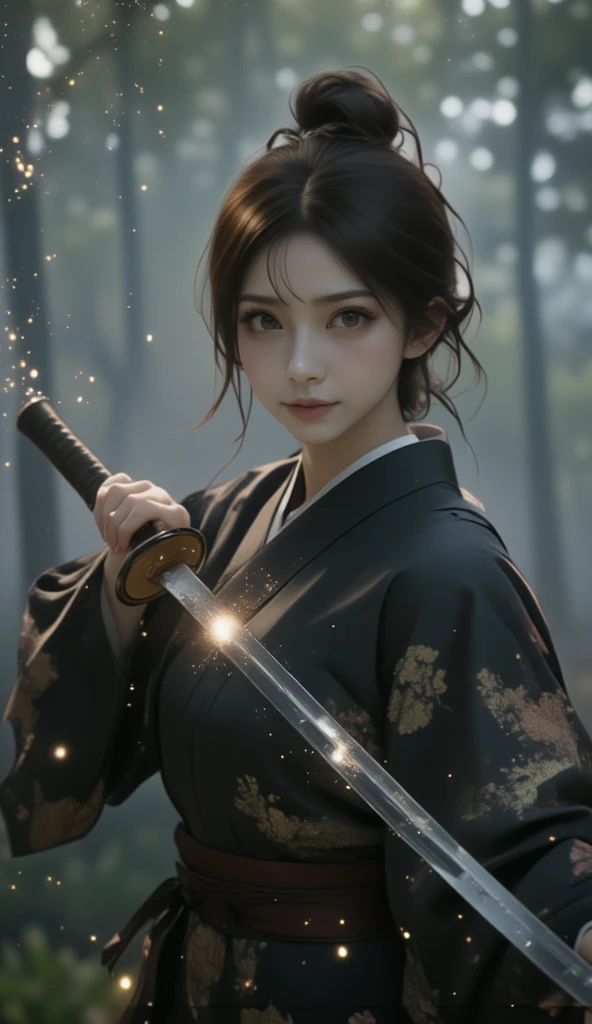 The mysterious slender woman, wearing a black Yukata and hakama, obi,(Musashi Miyamoto) Wielding a long Japan sword, Split with a powerful blow、Wrapped in a fog that blocks visibility, Revealing a vivid and otherworldly scene, The clarity of a sword strike against a blurry background, Mysterious Background, sharp gaze the camera.A mysterious layer of mist covers the foreground, Earrings, Clear Eyes, Exquisite and delicate kimono, Dramatic lighting and colors