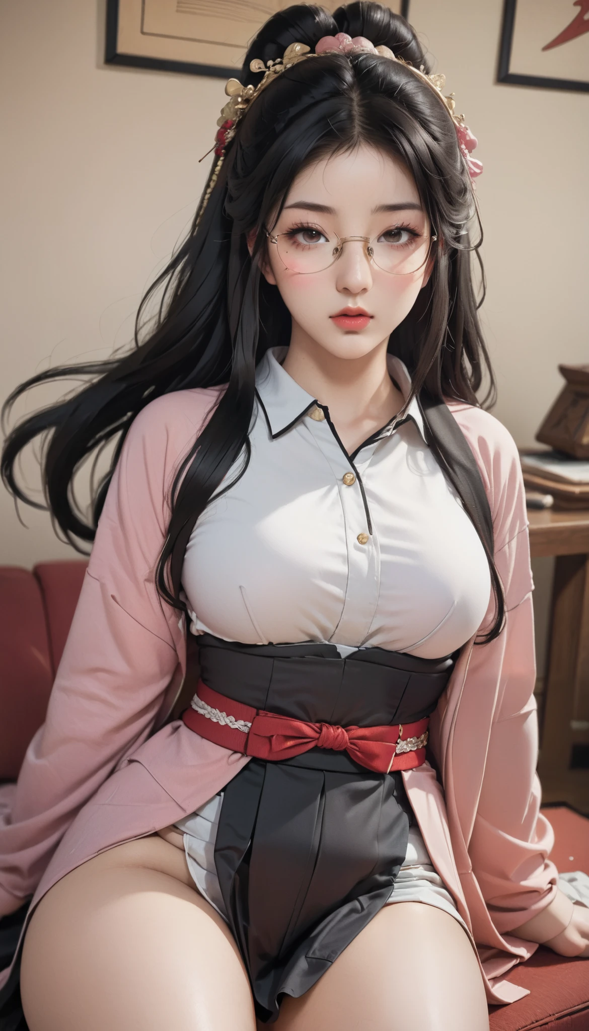ExpressiveH, perfect face, sexy, cute, beautiful, perfect eyes, detailed eyes, sexy lips, long black hair, twintails, lying on the sofa, looking at viewer, showing ass, score_9, score_8_up, score_7_up, source_anime, haughty, low angle view, 80swa, shiny skin, pink eyes, round prescription glasses, oily, sweaty, cute college egirl, small breasts, sensual waist), wide hips, muscled thighs, thick thighs, Expression angry making a cute pout, white skin, black claws, huge ass, perfect round ass, big ass, long sleeve blouse, pleated school skirt, tight pink Full Body Harness, tight