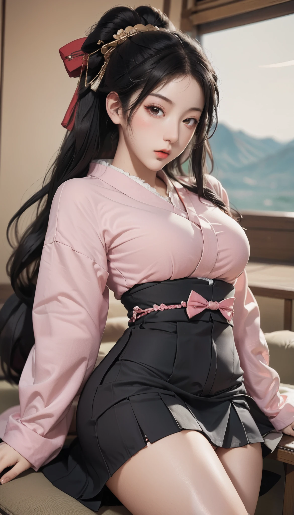 ExpressiveH, perfect face, sexy, cute, beautiful, perfect eyes, detailed eyes, sexy lips, long black hair, twintails, lying on the sofa, looking at viewer, showing ass, score_9, score_8_up, score_7_up, source_anime, haughty, low angle view, 80swa, shiny skin, pink eyes, round prescription glasses, oily, sweaty, cute college egirl, small breasts, sensual waist), wide hips, muscled thighs, thick thighs, Expression angry making a cute pout, white skin, black claws, huge ass, perfect round ass, big ass, long sleeve blouse, pleated school skirt, tight pink Full Body Harness, tight