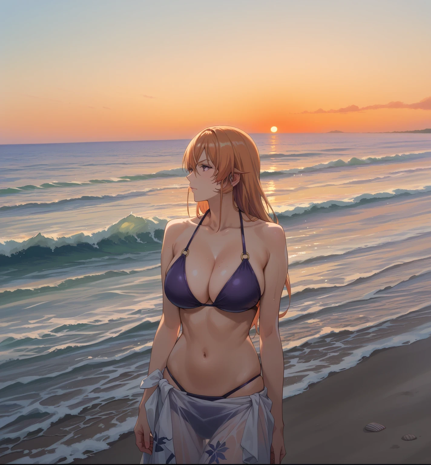 Close mouth, Mature female, fit girl, score_9, score_8_up, score_7_up, score_6_up, score_5_up, score_4_up, BREAK source_anime,1girl,erina nakiri, long hair, orange hair, hair between eyes,purple eyes,huge breasts, breasts, breasts,1girl, solo, swimsuit, bikini, beach, sunset, navel, breasts, outdoors, ocean, black_bikini, long_hair, cleavage, bikini_top_only, water, sky, waves