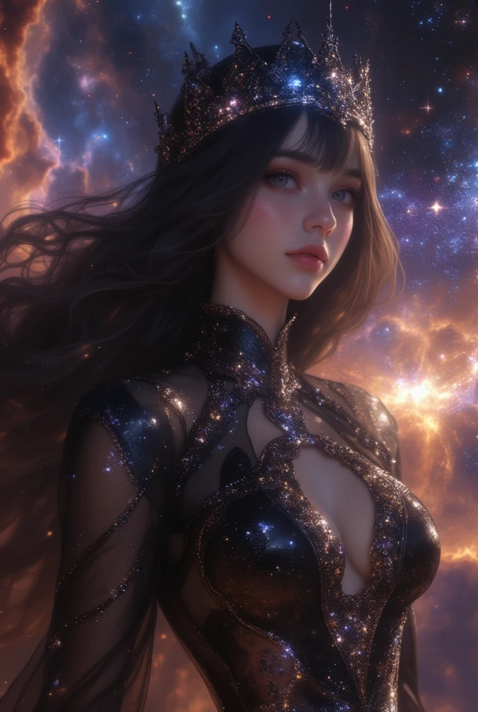  A 19-year-old European and Russian woman with European traits,  with jet black hair that falls in long waves with bangs , azero gray eyes ,  Pale and luminous skin . She wears a dark black Arabic-style dress with diamonds embedded in colors simulating a galaxy in the dress and a matching black crown, she is in the middle of a galaxy floating among the stars that illuminate her, she looks ethereal, bright and dazzling, like a goddess of the sky, quality hd 4k masterpiece . 