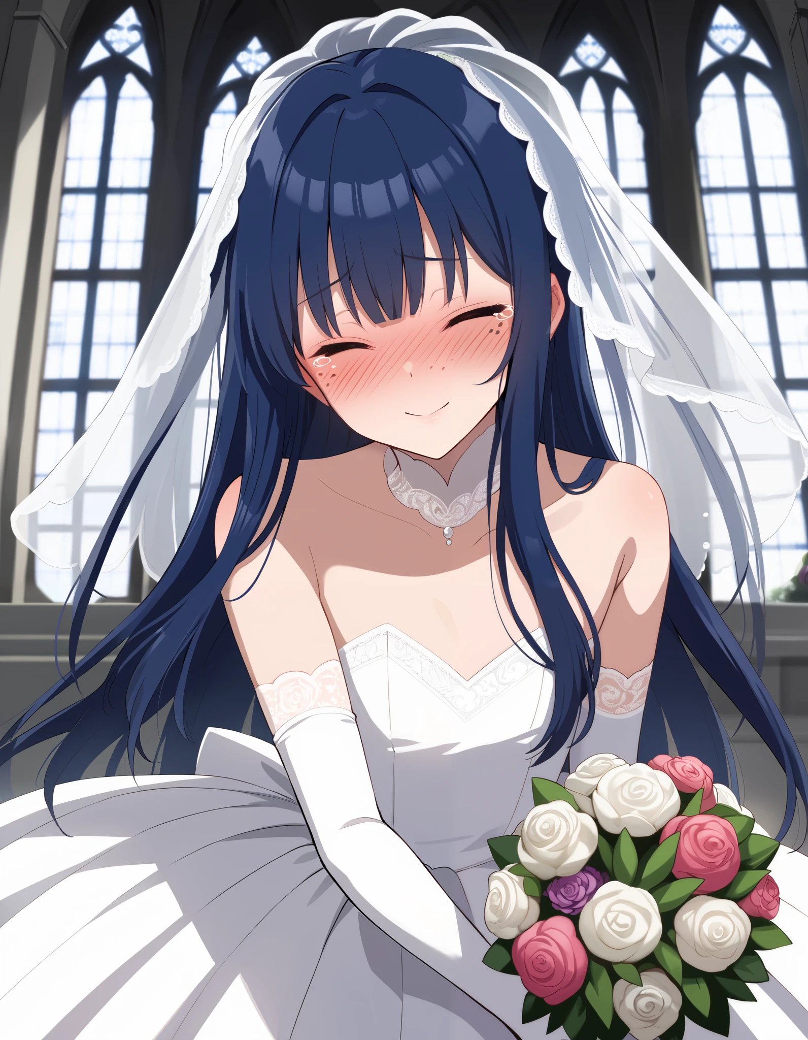 1boy, crossdressing, otoko no ko, (dark blue hair), long hair, straight hair, bangs, closed eyes, (freckles), light smile, full-face blush, tearing up, flat chest, wedding dress, lace elbow gloves, pleated dress, score_9, bouquet, looking at viewer, indoors, cathedral