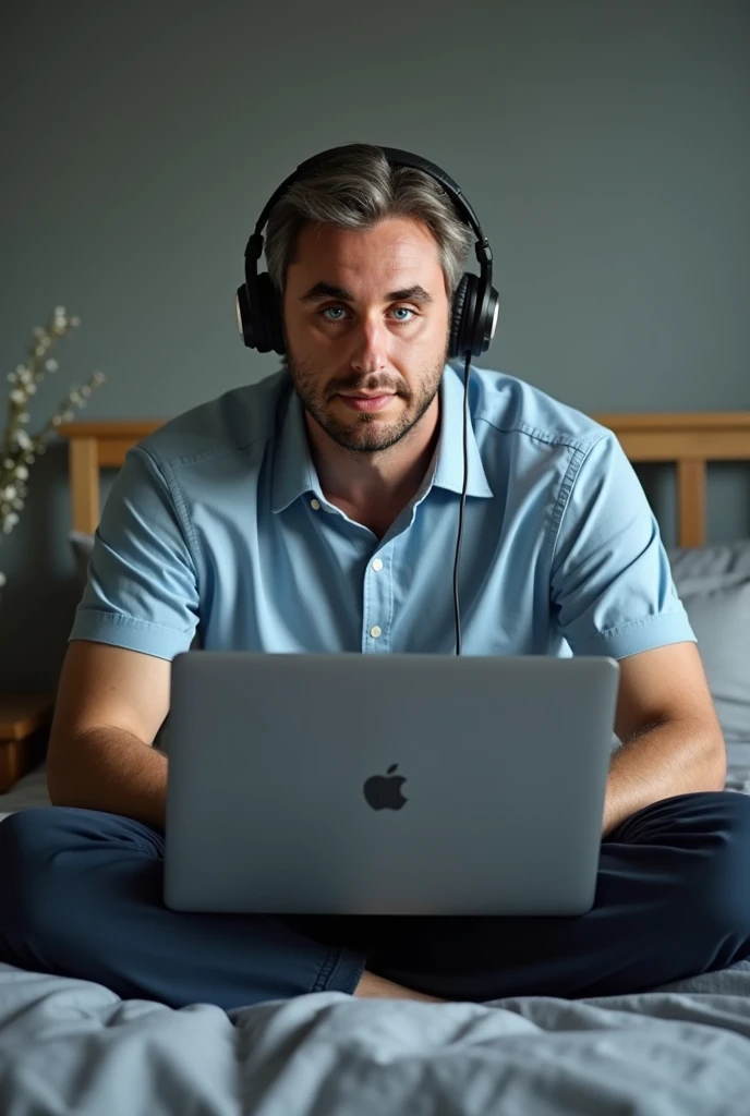 man sitting on his sofa, with a military green button-down shirt, with headphones, looking to the camera, in a room with dark tones