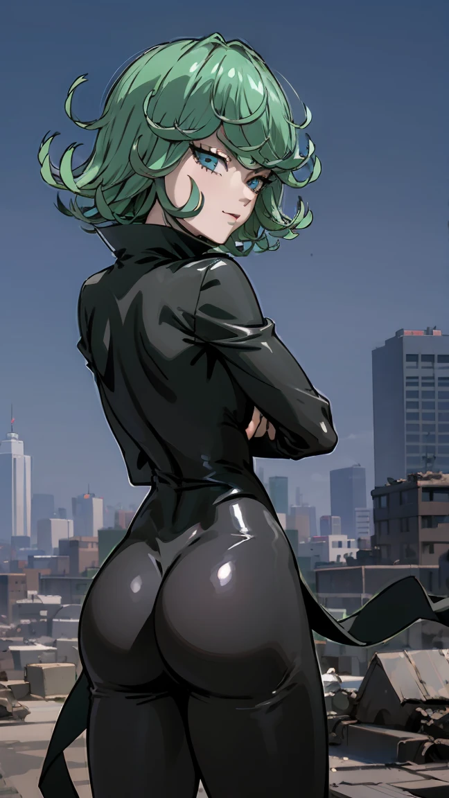  anime art style ,  tatsumaki by One Punch Man , green hair,  white skin , Standing on destroyed city, cinematic Lights,  blushed cheeks ,  smiling, looking back at viewers,  clutching her butt , big loot,  Unfit for work ,  back view ,  beautiful landscape .  The dress is covering her ass,  Closed mouth , high neck, looking back, from behind,  ass approach , Standing,  detailed eyes,  squinting eyes, curvilinear,  wide hips,  impossible clothing , outdoors, Evening, sky, clouds, stars, streetLights, Lights,  buildings , plants, bushes, ( squinting eyes:1.2), ( squinting eyes:1.2), Break Masterpiece,  Best Quality ,  highly detailed background , perfect lighting Best Quality , (( shiny leather,  shiny leather,  detailed skin)), ((( Detailed lips ))), ((( detailed eyes))),  wide hips, ,  focus on the ass , posing, ass posing 