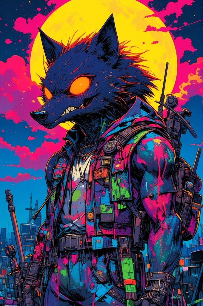  Illustration of a wolf man,Inspired   , Vivid cartoon art,  ,  Jeff Sort &#39; style for stilets, by justin gerard,  Graffiti Monster ,   Android Jones and Chris Dyer, Toyism, Monster Art, urban art   style, urban art  ,  グラフィティアート style for stilets ,   wonderful、Hyper Pop、 colorful ,full moon