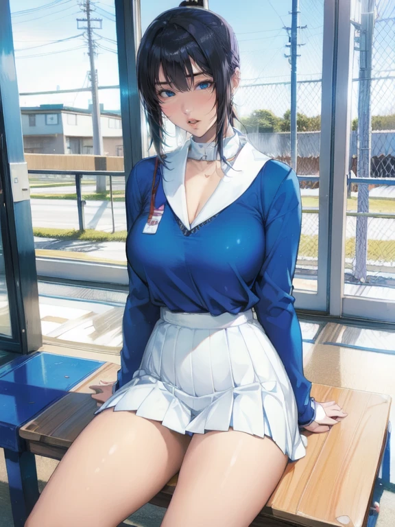 A girl、漂亮又beauty的眼睛、Lovely、Professional lighting、best quality、beauty、(Uniforms: 1.5)、indoor、Ponytail、(Large Breasts: 1.3)、Proportionate face、School、Beautiful legs、whole body