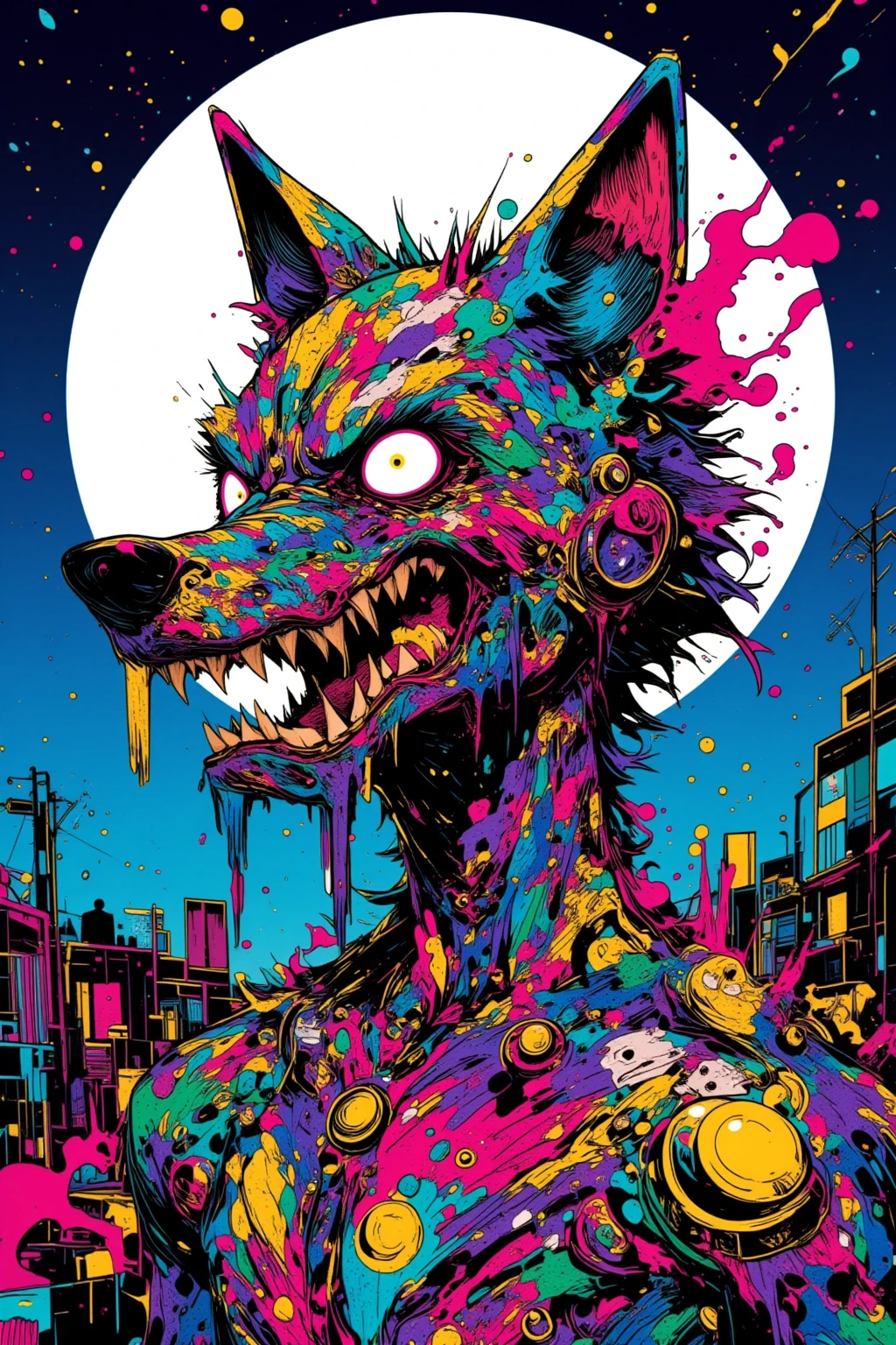  Illustration of a wolf man,Inspired   , Vivid cartoon art,  ,  Jeff Sort &#39; style for stilets, by justin gerard,  Graffiti Monster ,   Android Jones and Chris Dyer, Toyism, Monster Art, urban art   style, urban art  ,  グラフィティアート style for stilets ,   wonderful、Hyper Pop、 colorful ,full moon