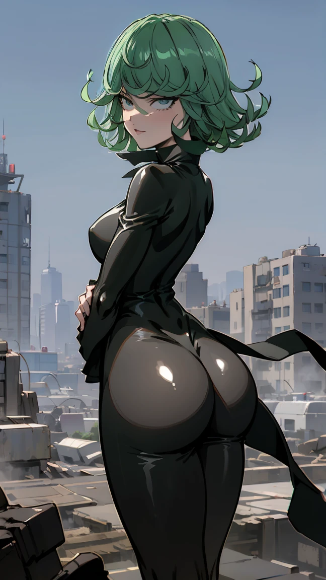  anime art style ,  tatsumaki by One Punch Man , green hair,  white skin , Standing on destroyed city, cinematic Lights,  blushed cheeks ,  smiling, looking back at viewers,  clutching her butt , big loot,  Unfit for work ,  back view ,  beautiful landscape .  The dress is covering her ass,  Closed mouth , high neck, looking back, from behind,  ass approach , Standing,  detailed eyes,  squinting eyes, curvilinear,  wide hips,  impossible clothing , outdoors, Evening, sky, clouds, stars, streetLights, Lights,  buildings , plants, bushes, ( squinting eyes:1.2), ( squinting eyes:1.2), Break Masterpiece,  Best Quality ,  highly detailed background , perfect lighting Best Quality , (( shiny leather,  shiny leather,  detailed skin)), ((( Detailed lips ))), ((( detailed eyes))),  wide hips, ,  focus on the ass , posing, ass posing big tits 