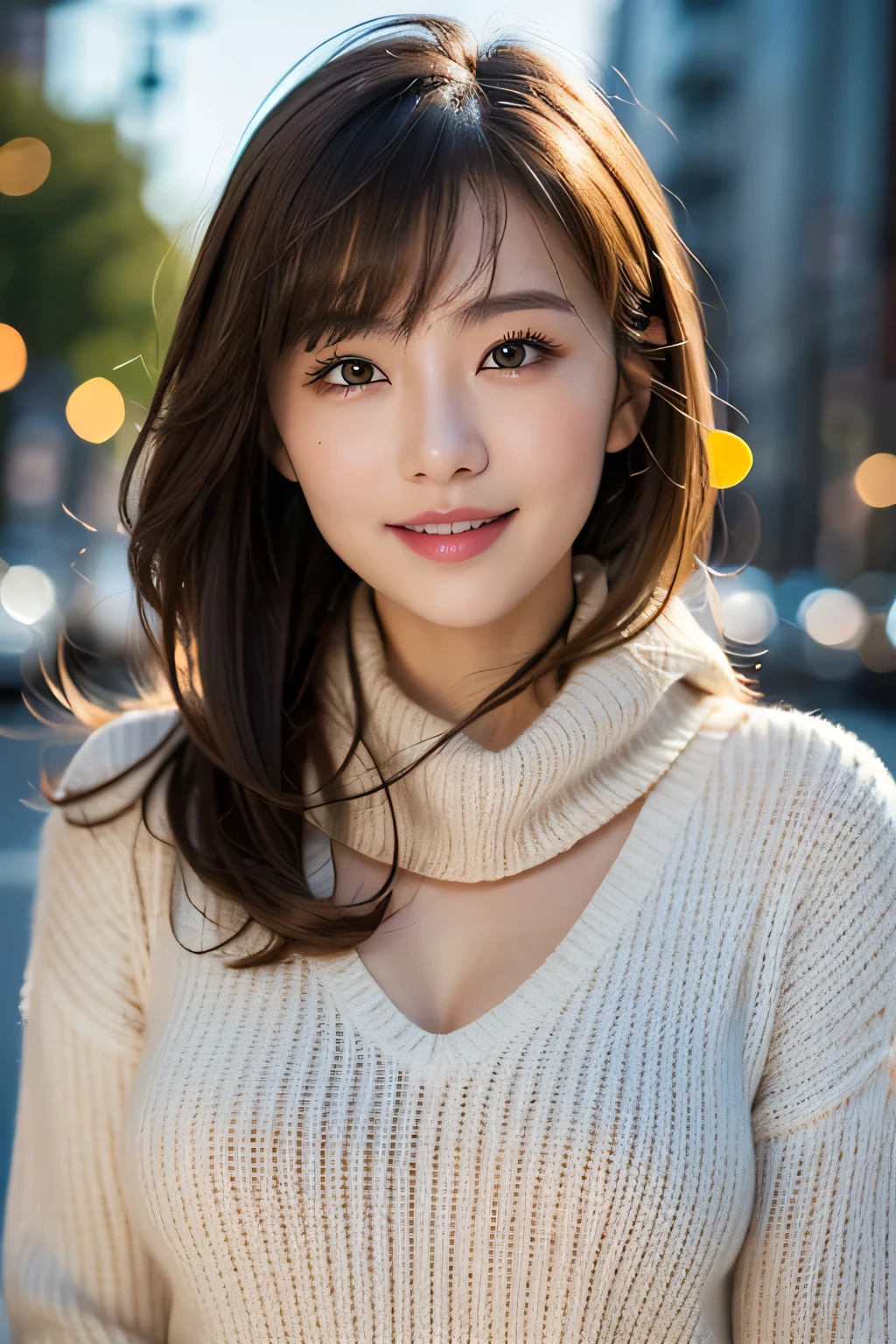 (masutepiece:1.3, Photorealsitic:1.4, 8K), top-quality, masterpiece, 超A high resolution, Perfect dynamic composition, Highly detailed skin and facial texture:1.3, A detailed eye, Detailed limbs, Winters, (snowflakes falling:1.2), Snowfall landscape at night:1.2, 1girl in, Cute sexy 17 year old slim woman, Fair skin, (Snow fell on my body and clothes:1.2), ((A smile:0.9, Totally captivates you:1.0)), (Thick short jacket over long sleeve mohair knit sweater:1.3, Tweed Mini Skirt:1.1), ((voluptuous breasts:1.05)), Short boots, (Facing the front, Frolic Pose), (Beautiful blue eyes, Eyes that feel beautiful eros:0.85), Sexy face:0.4, (A mouthfeel that feels beautiful eros:0.85), ((Too cute beauty:0.9))