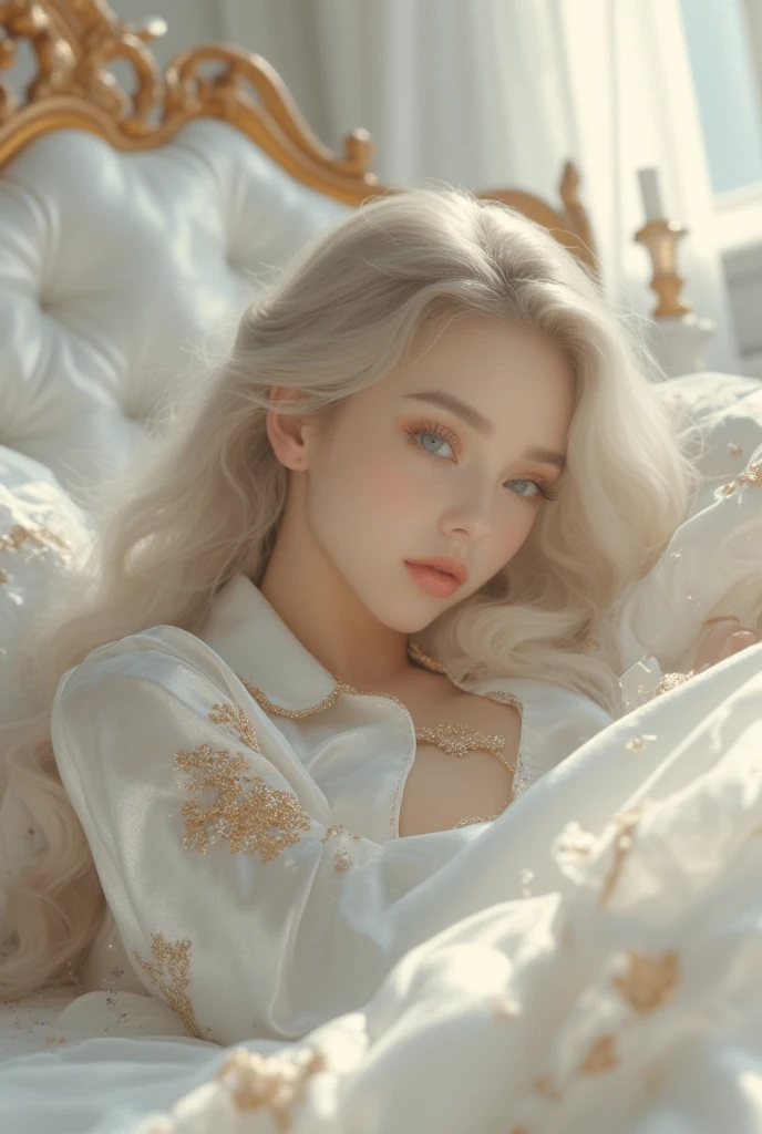  A 19-year-old European and Russian woman ,  with pure white hair like the snow that falls in waves, laegi ,  heavenly eyes ,  Pale and luminous skin . She wears a long shiny white silk robe with golden details and half open she is lying on a white silk bed with a golden headboard in a luxurious white room in a palace with windows where the sunlight shines through her she looks beautiful . 