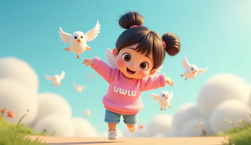 side views, wearing a pink sweater with the word "uwu" printed in white on the front, with 2 white wings, flying with the birds in the sky. background cloud sky.