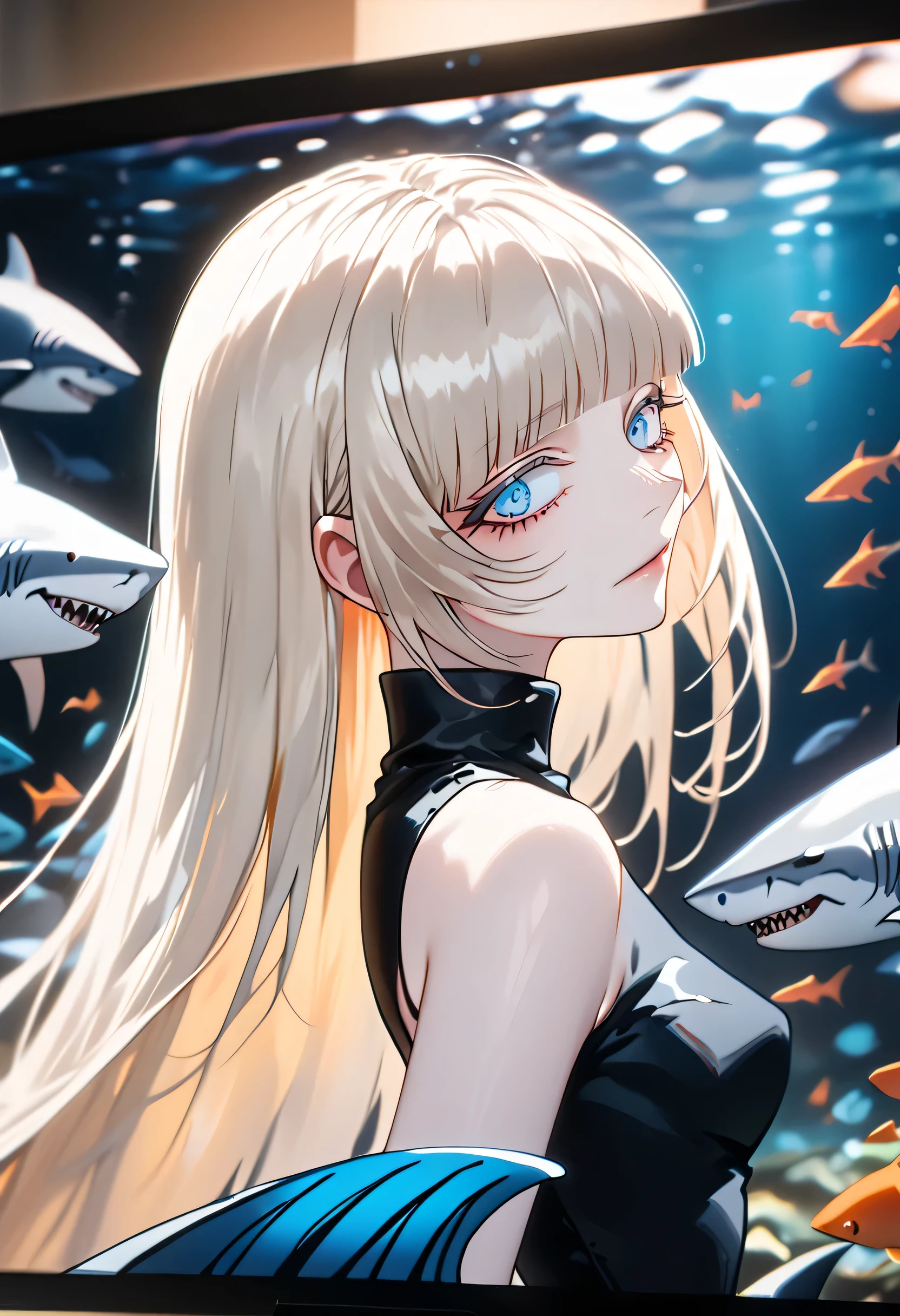 Anime style, 1 girl, 1 sexy girl, white pale skinned girl, porcelain skin, blue eyes, (HAIR: light blonde straight cut, long length, full bangs covering eyebrows, side framing fringe, extra long hair ) (BODY: half shark girl, neck gills, arm fins, dorsal shark fin )(best quality, 4k, 8k, highres, masterpiece:1.2), ultra-detailed, HDR, UHD, studio lighting, ultra-fine painting, sharp focus, physically-based rendering, extreme detail description, professional, vivid colors, bokeh, underwater, score_9, score_8_up, score_9_up, source_anime