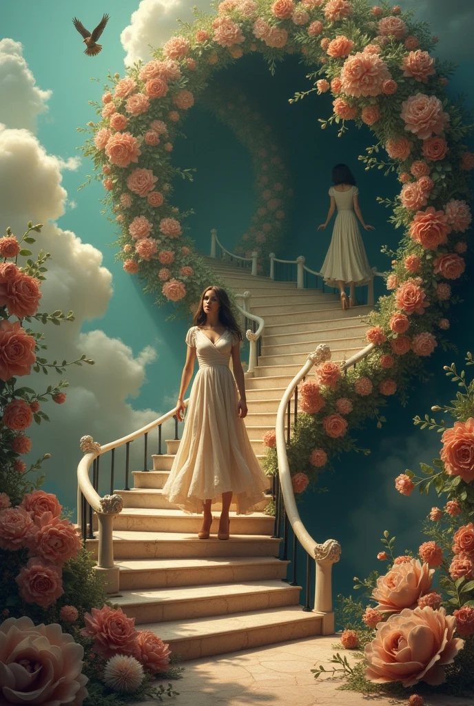 surrealism artwork, A woman in dress walking upstairs in the floating Victorian staircases with sculpture flower, a victorian theatre stage emerging from a sculpture woman's head with flowers and clouds, inside the theatre stage presenting a dreamscape filled with a woman in black tweed outfit writing in Paris cafe, birds, crystal heart lights in ceiling in cafe