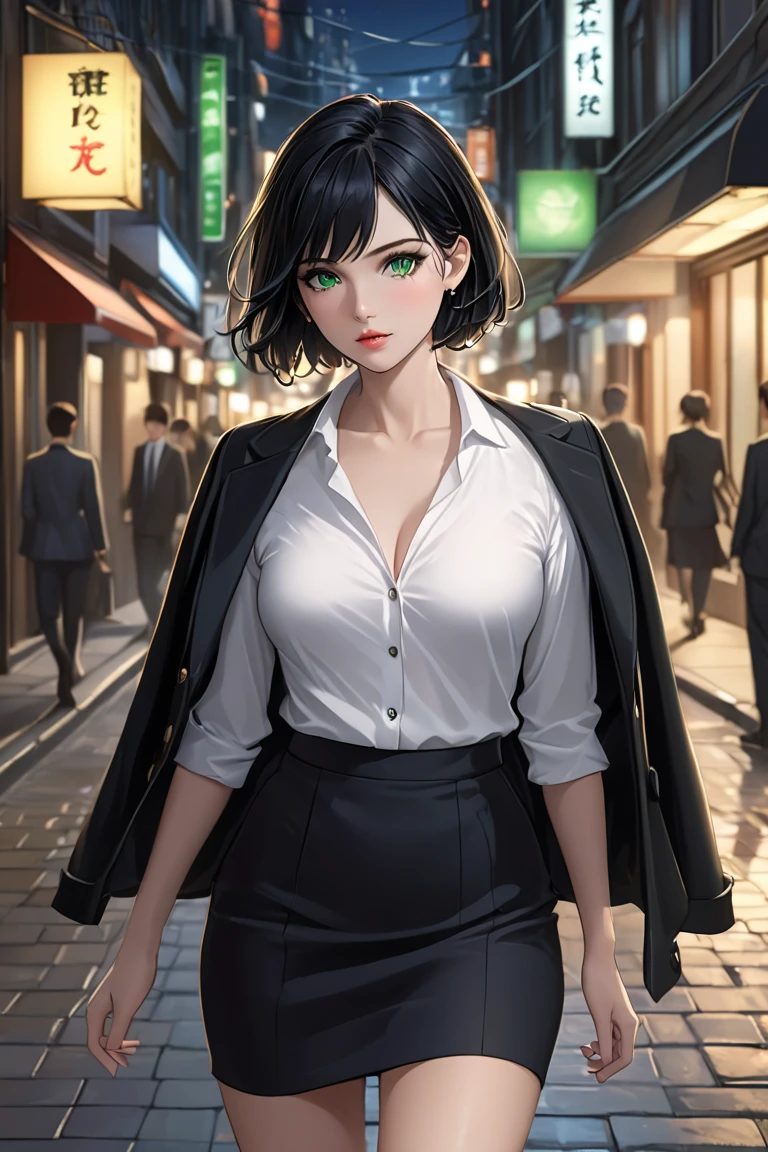 (masterpiece, best quality, ultra detailed, absurdres)1.5, 1girl, (sexy, beautiful woman, perfect face, perfect eyes, perfect female body, huge breasts)1.5, (nobara kugisaki, bob cut, brown hair, lips, short hair, lakers, (standing, empty street, Japanese street, Japanese city in background, cloudy), perfect lighting, smooth, hdr