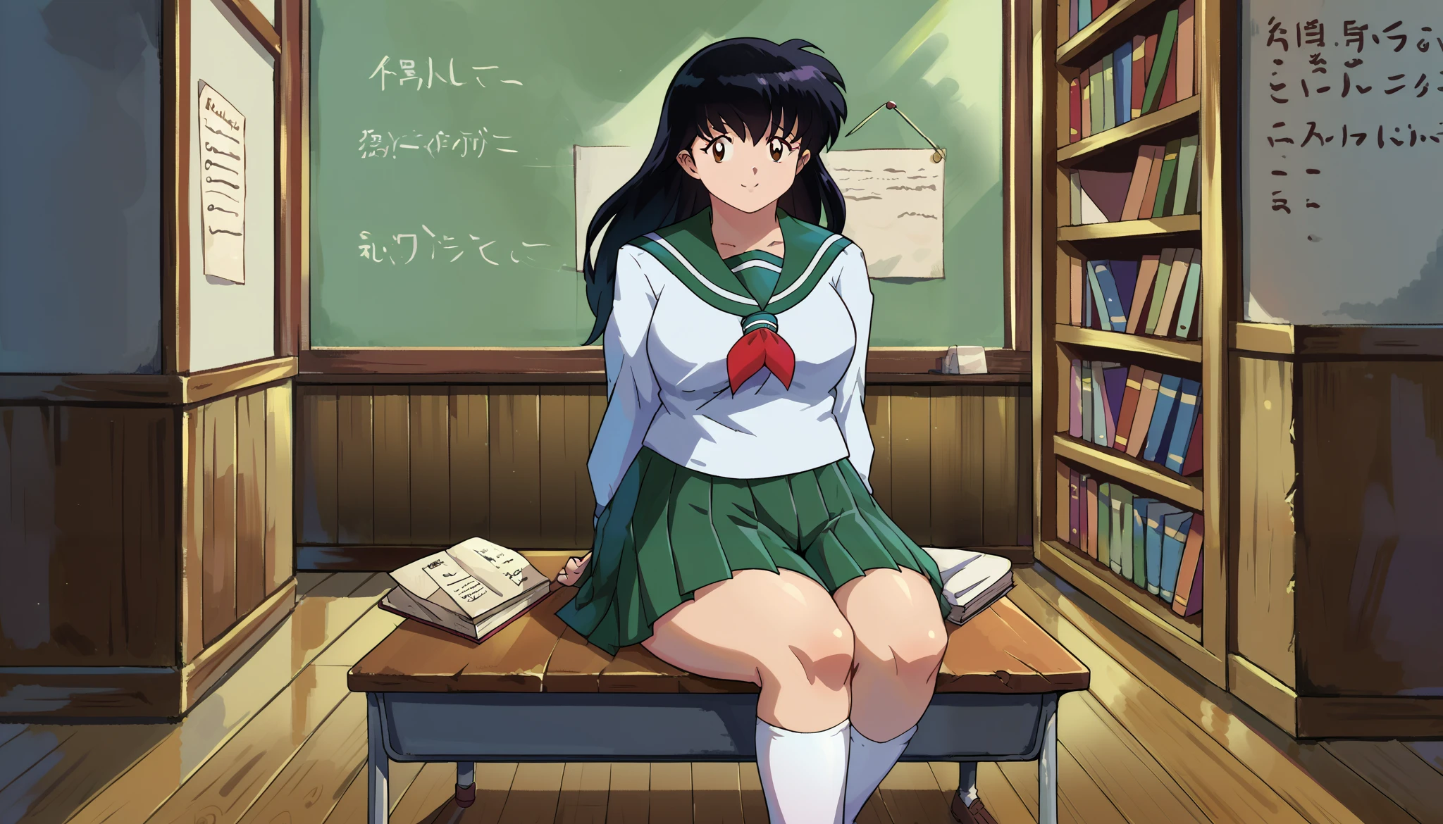 score_7, score_8_up, score_7_up, source_anime, 1girl, solo, looking at viewer, EPinKagome, black hair, brown eyes, long hair, detailed background, cowboy shot, indoors, pleated skirt, miniskirt, skirt,smiling, desk, homework, library, green sailor collar, loafers, sitting, shoes, white socks, long sleeves, serafuku, sailor collar, socks, neckerchief, school uniform, green skirt, arms behind back,(hourglass body), (big breasts)