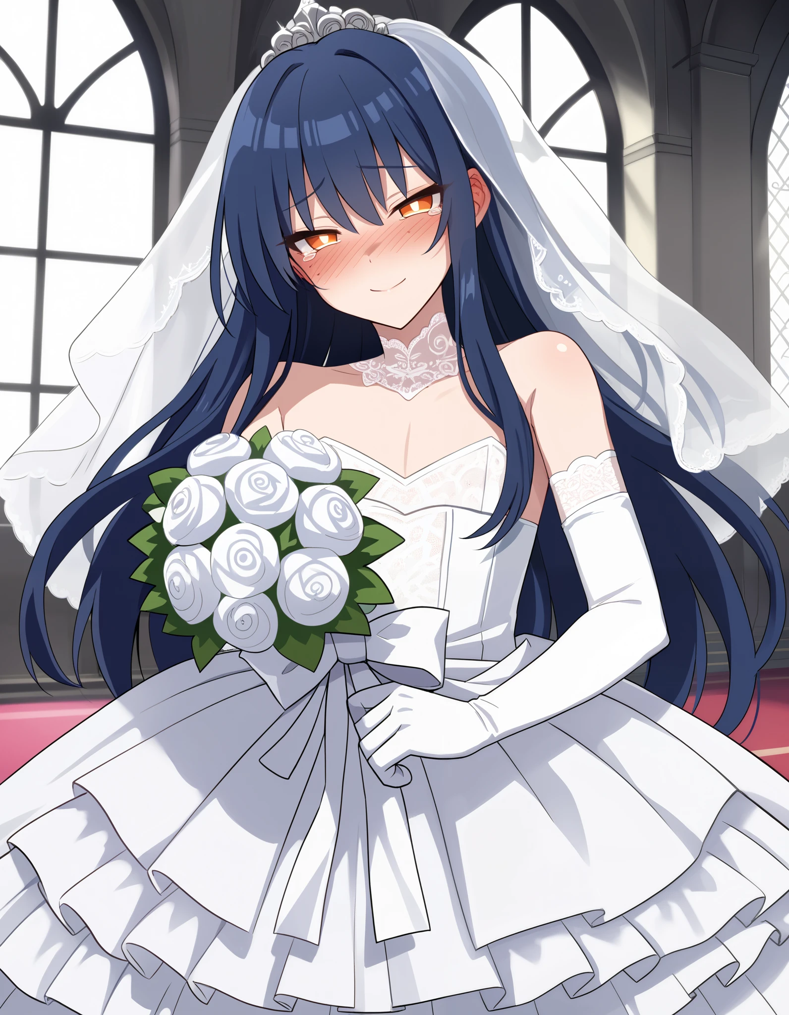 1boy, crossdressing, otoko no ko, (dark blue hair), long hair, straight hair, bangs, orange eyes, half-closed eyes, white pupils, (freckles), light smile, full-face blush, tearing up, flat chest, wedding dress, lace elbow gloves, pleated dress, score_9, bouquet, looking at viewer, indoors, cathedral