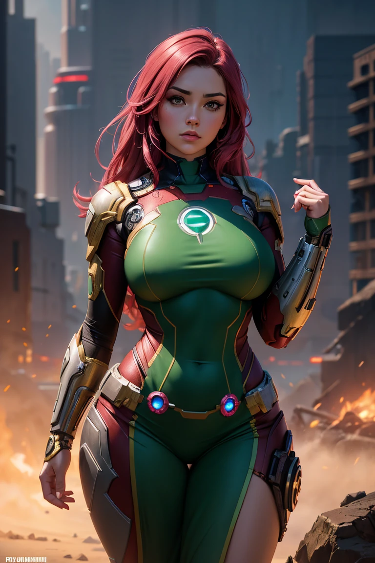 full body photo, 1 female, ((very tight body cosplay in black with gold accents,,like Spiderman/Ironman/Kamen Rider/Ultraman)), feet on the ground, huge breasts, looking at the viewer , (short green hair and blue eyes: 1.5), blue thunder behind her, she is in a futuristic city at night raining with full moon, her body and hair are soaked with water, makeup, evil smile, blush, anime, 16k, highres, best quality, high details, UHD, masterpiece