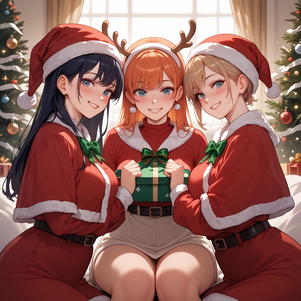  High resolution , smile, blush, 4 girls , friends ,  Christmas costume 