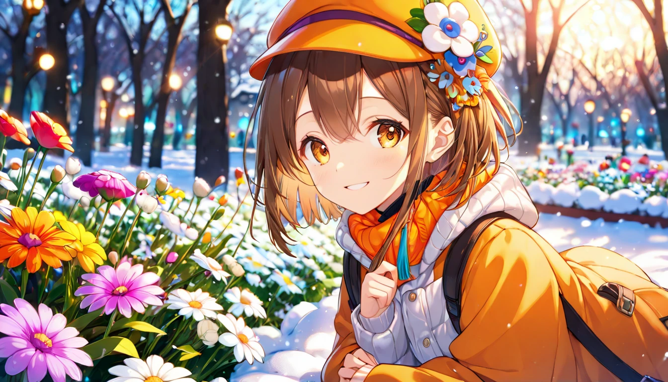 background：Small flower bed in the park 、 colorful winter flowers are blooming 。  
expression： happily staring at the flowers and smiling 。  
Costume： knitted hat and duffle coat 。  
 pose： crouching down and gently touching the flowers in the flower bed with her fingertips。  
scene：( brown-haired girl wearing headphones ), ( quietly looking at flowers in the winter flower bed ), (glowing:1.4), ( very detailed , masterpiece,  top quality,  bright ), ( anime style), ( upper body or close-up ), ( orange eyes), (masterpiece:1.2), (best quality), (ultra detailed), (extremely detailed), (absolutely resolution), absurdres, 8k, 1girl, beautiful-landscape-background, shiny skin, break, ultra detailed eyes, bobcut。  
