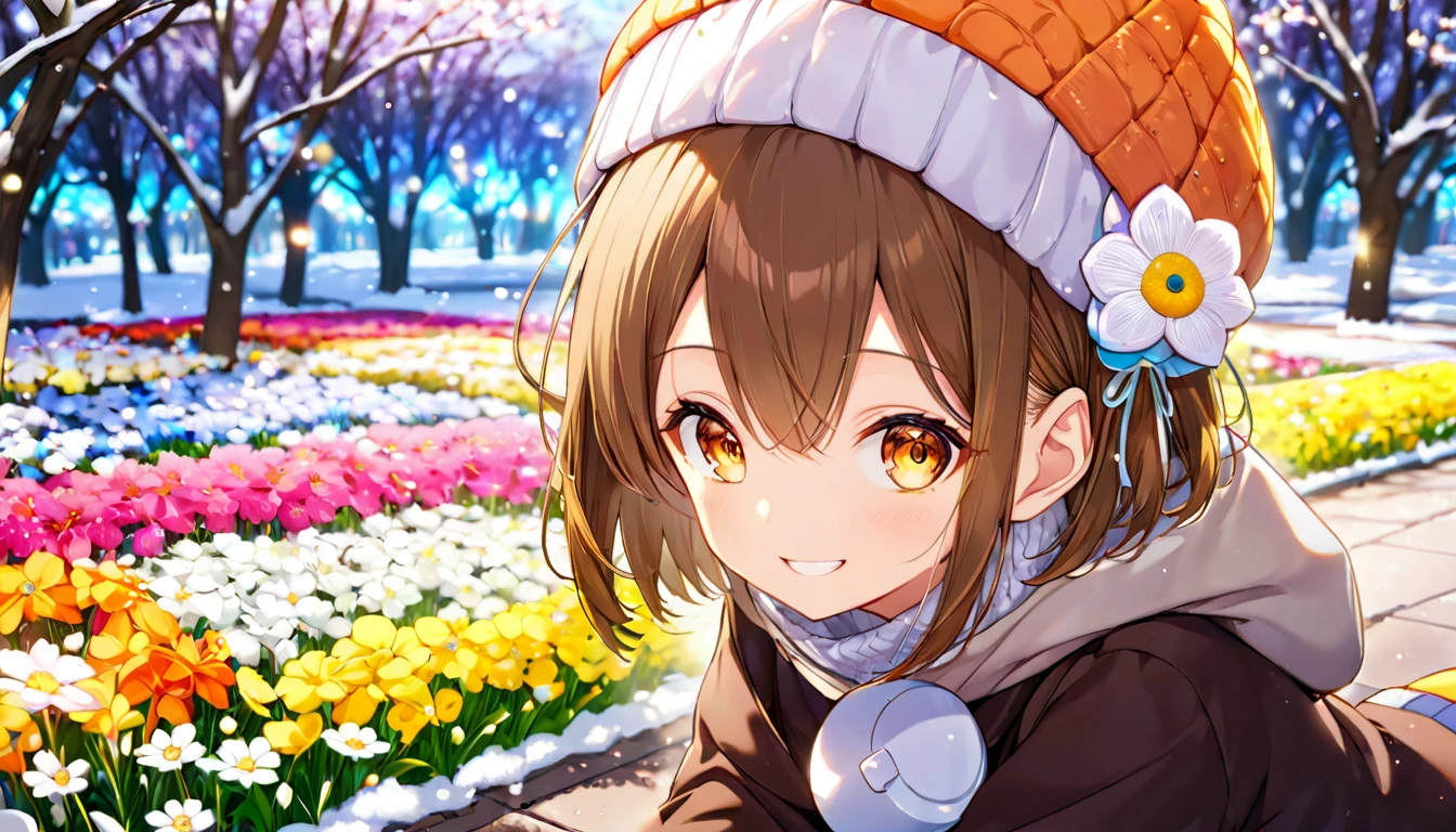 background：Small flower bed in the park 、 colorful winter flowers are blooming 。  
expression： happily staring at the flowers and smiling 。  
Costume： knitted hat and duffle coat 。  
 pose： crouching down and gently touching the flowers in the flower bed with her fingertips。  
scene：( brown-haired girl wearing headphones ), ( quietly looking at flowers in the winter flower bed ), (glowing:1.4), ( very detailed , masterpiece,  top quality,  bright ), ( anime style), ( upper body or close-up ), ( orange eyes), (masterpiece:1.2), (best quality), (ultra detailed), (extremely detailed), (absolutely resolution), absurdres, 8k, 1girl, beautiful-landscape-background, shiny skin, break, ultra detailed eyes, bobcut。  
