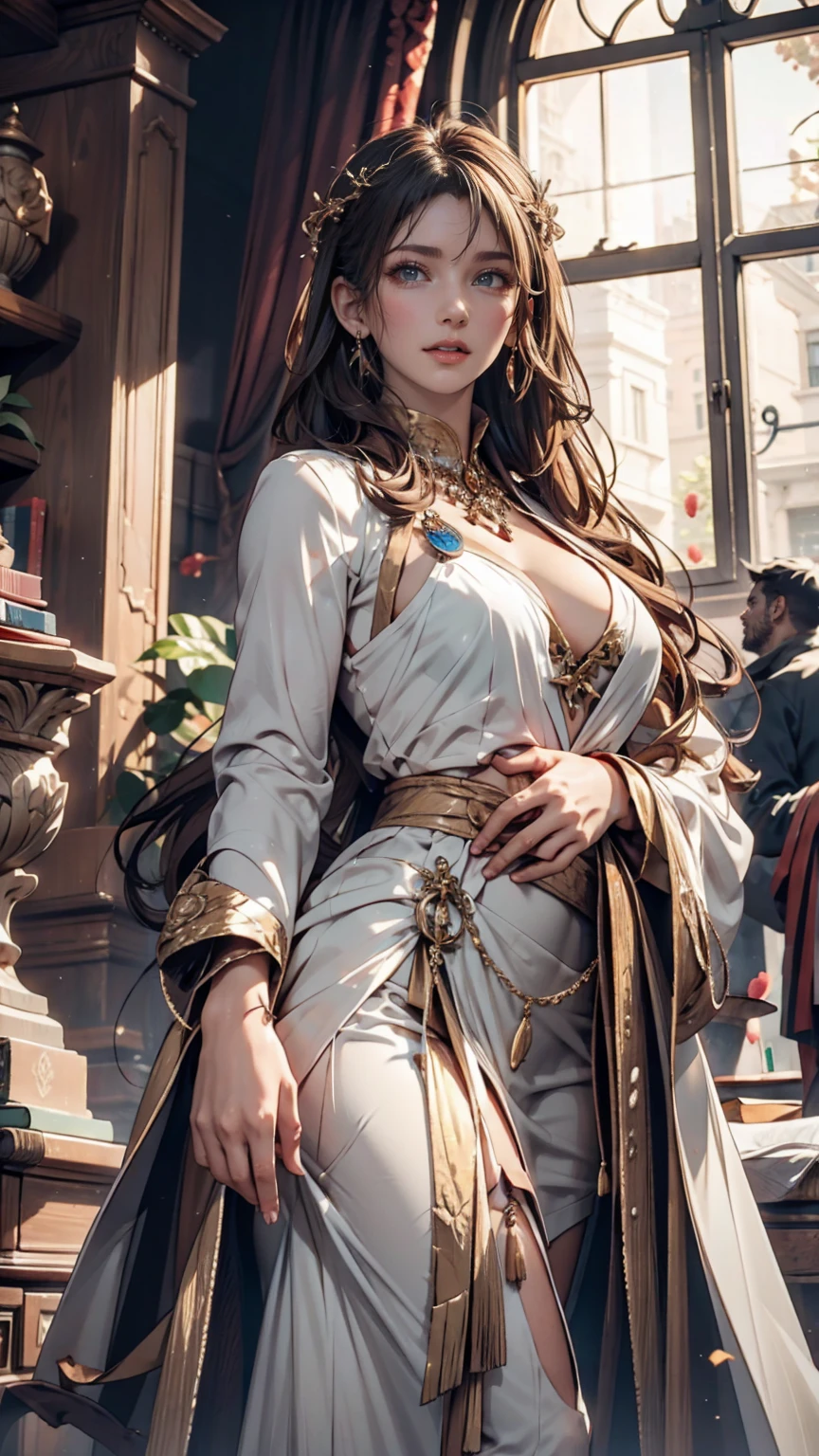 masterpiece, absurdres, ymir, 1girl, solo, smiling, mature female, wearing indian saree, saree,  looking at viewelling petals), perfect composition, detailed lips, big breast, beautiful face, body proportion, blush, (pink lips), blonde hair, open hair, soft gaze, super realistic, detailed, photoshoot, realistic face and body, full body picture, 16k, at a flower garden, wearing high heels, sitting, 