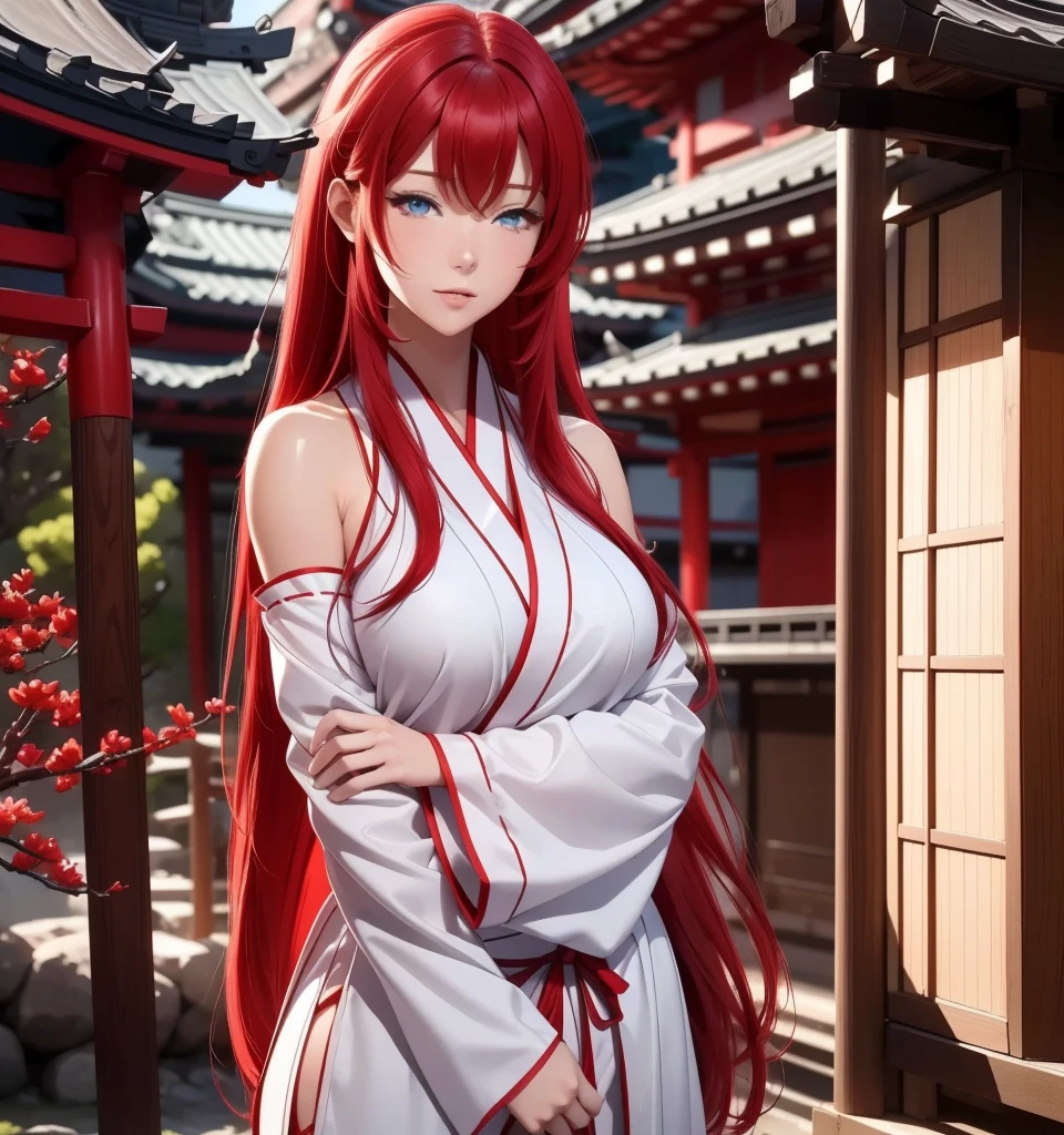    a beautiful girl,  Red hair ,   Blue eyes  ,     glowing eyes   , Miko sexy Japanese outfit   ,   Japanese temple cherry tree background .  closed lips    ,    long hair,    High resolution  ,   full body  ,   wavy hair  ,   looking at the camera   