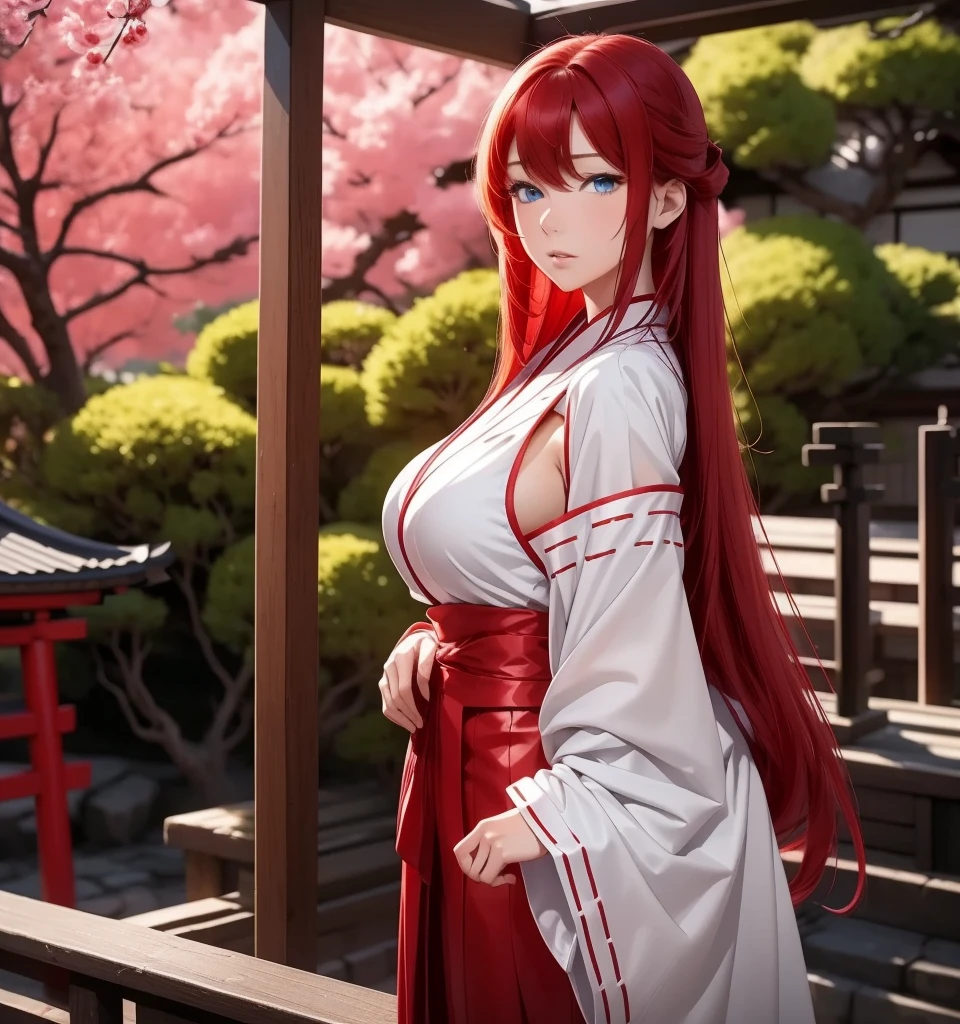    a beautiful girl,  Red hair ,   Blue eyes  ,     glowing eyes   , Miko sexy Japanese outfit   ,   Japanese temple cherry tree background .  closed lips    ,    long hair,    High resolution  ,   full body  ,   wavy hair  ,   looking at the camera   