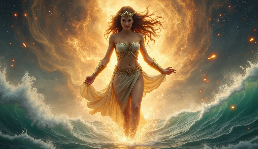 1 giant goddess, beautiful face, rabbit ears, long hair like winding snakes, sparkling yellow eyes, big breasts, hot body, long transparent skirt, long legs , holding a golden scepter, standing on the sea, rain of light, rays of light, halo, waves, beautiful, magical, epic, full body, fantasy,, (Detailed face features:1.3),
(RAW photo, 16k, masterpiece, best quality: 1.2), (ultra realism, hyper detailed and intricate realism: 1.3), (wide depth of field, radiant mapping, ray tracing, god rays: 1.2),
