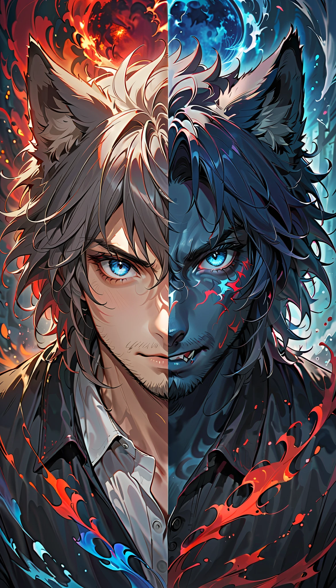 Adult male, alone, werewolf, An astonishing makeover, Dynamically express changes ,  It gradually changes from a wild wolf to a human , White Wolf,  I'm staring at you with sharp blue eyes , werewolfに変化していく過程を流れるようなアウトラインで演出します, werewolfに変化の完了,  I'm staring at you with clear red eyes ,  Multiple Exposures of Fear and Kindness ,  you'll be fascinated by the exquisite look ...