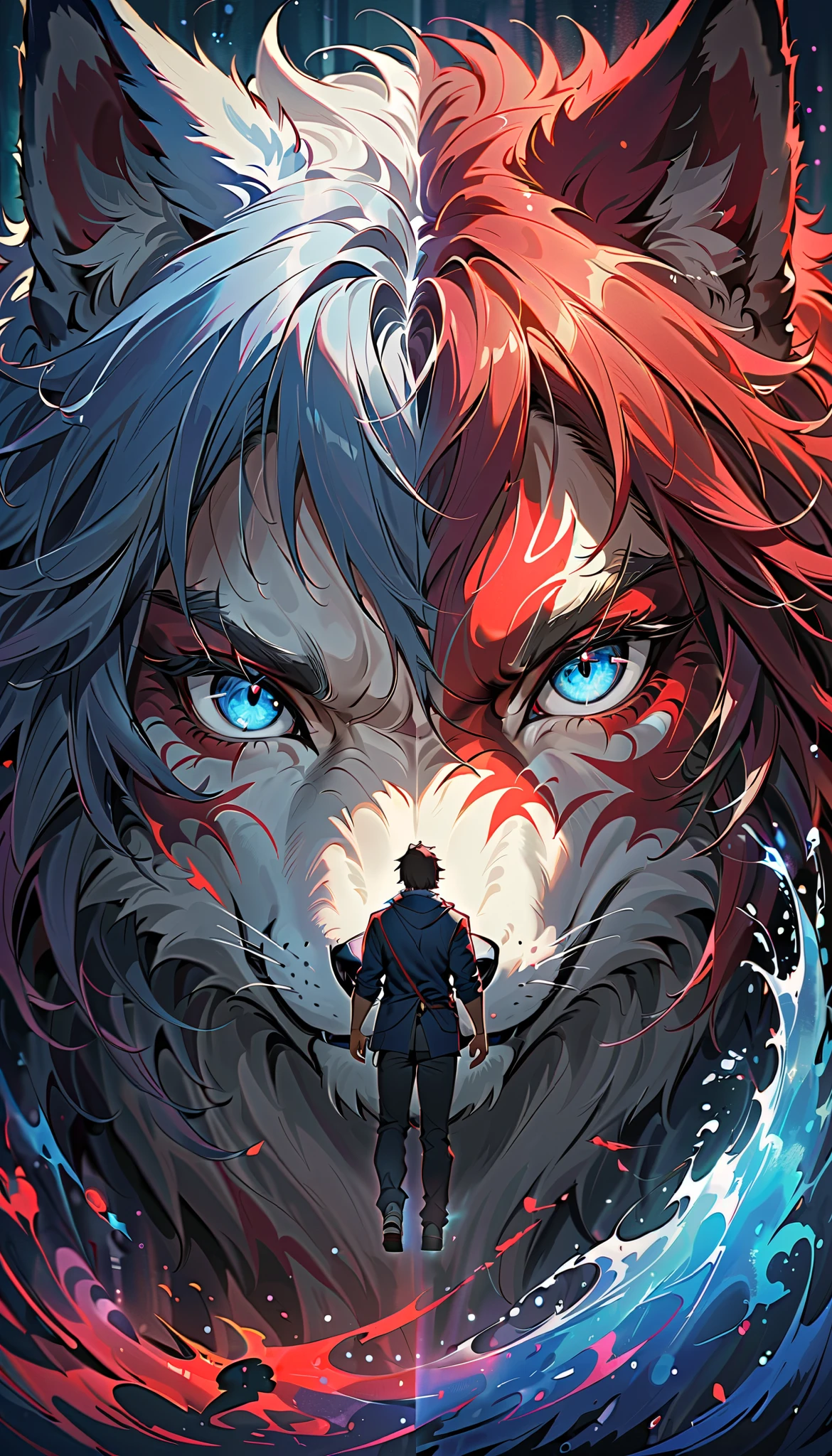 Adult male, alone, werewolf, An astonishing makeover, Dynamically express changes ,  It gradually changes from a wild wolf to a human , White Wolf,  I'm staring at you with sharp blue eyes , werewolfに変化していく過程を流れるようなアウトラインで演出します, werewolfに変化の完了,  I'm staring at you with clear red eyes ,  Multiple Exposures of Fear and Kindness ,  you'll be fascinated by the exquisite look ...