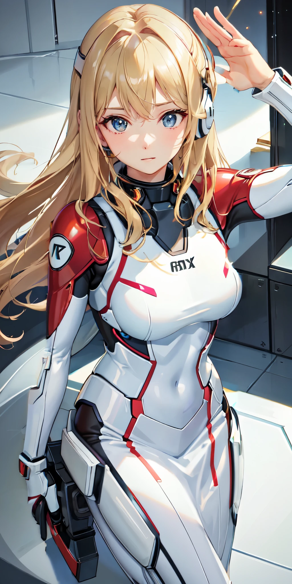 (Overhead view),dynamic angle,ultra-detailed, illustration, close-up, straight on, 1girl, 
 ((souryuu asuka langley, interface headset, red bodysuit:1.4, blonde)),Her eyes shone like dreamy stars,(glowing eyes:1.233),(beautiful and detailed eyes:1.1),(expressionless,closed mouth),(standing), 
(mechanic room with toolsand spaceship windowin a white SPACESHIP),
(night:1.2),dreamy, [[delicate fingers and hands:0.55]::0.85],(detail fingers),