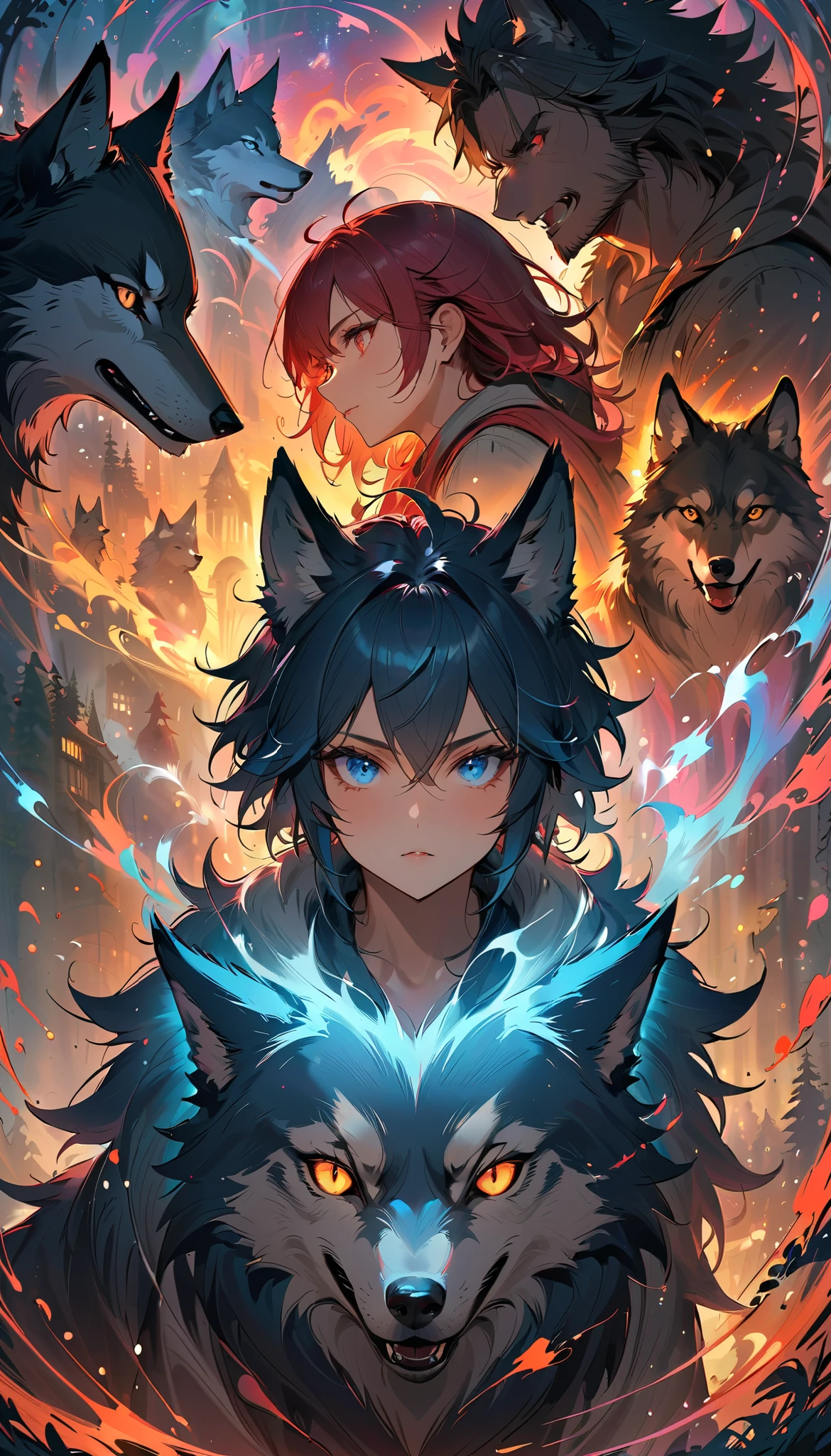 NSFW, kemono, The absurd truth , An adult male who fuses with wolves, alone, werewolf, Stunning transformation into a wolf, Dynamically express changes ,  It gradually changes from a wild wolf to a human , White Wolf,  I'm staring at you with sharp blue eyes , werewolfに変化していく過程を流れるようなアウトラインで演出します, werewolfに変化の完了,  I'm staring at you with clear red eyes ,  Multiple Exposures of Fear and Kindness ,  You'll be fascinated by the exquisite gaze ...