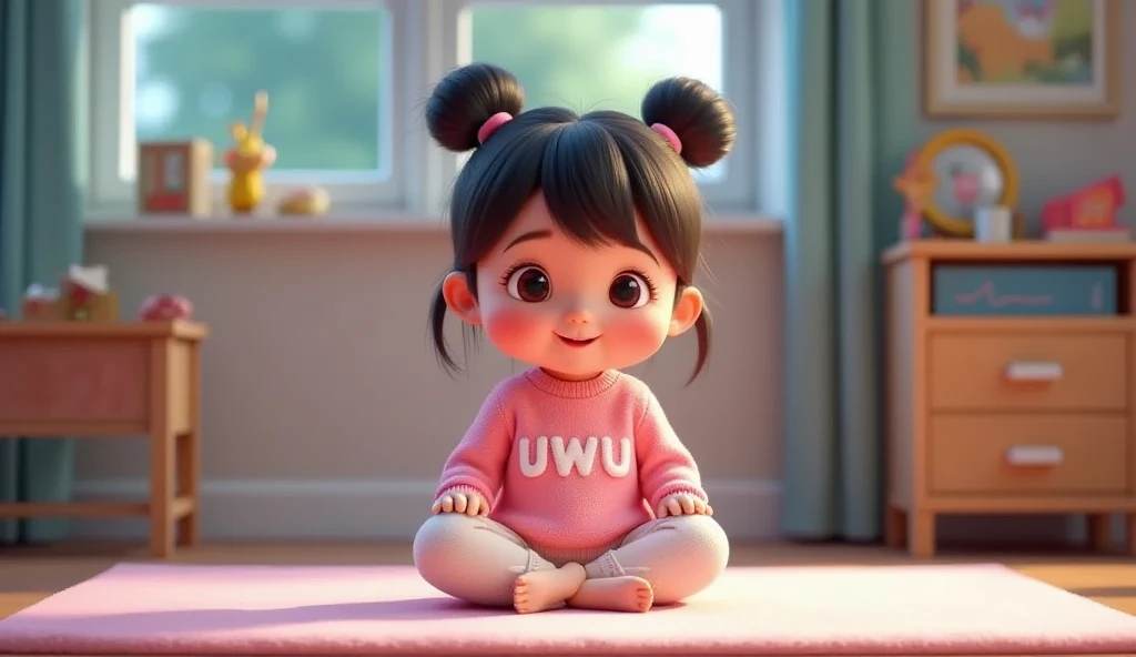 side views, wearing a pink sweater with the word "uwu" printed on the front in white, sitting cross-legged on a magic carpet.