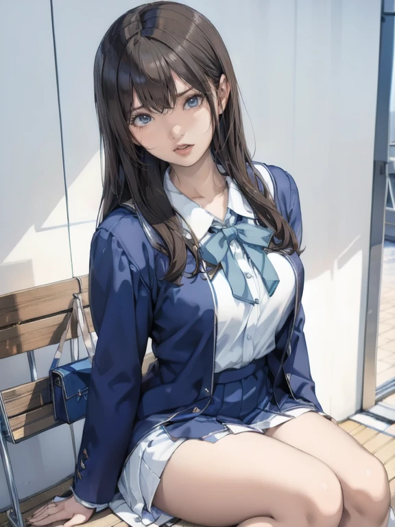 1girl,((Smooth, long brown hair fluttering in the wind,Green Eyes)),((masterpiece,Very realistic,A detailed anime wallpaper:1.4)),((Perfect Anatomy:1.2)),Cute symmetrical face,CG Unity 8k,((White Blazer Uniform,Black tie,pleated micro mini skirt,White thigh-high socks)),8K quality,Extremely sophisticated digital art,((Looking to the side and touching her hair with one hand:1.35)),Perfect cute girl,Staring at the camera with a gentle gaze,Healing facial expressions,Very large breasts,Extremely detailed hair and face,Artistic pastel art,A pier with a beautiful night view of the big city,Fresh breeze,Professional Lighting,Supermodel,((Light blue lace side tie panties:1.08))