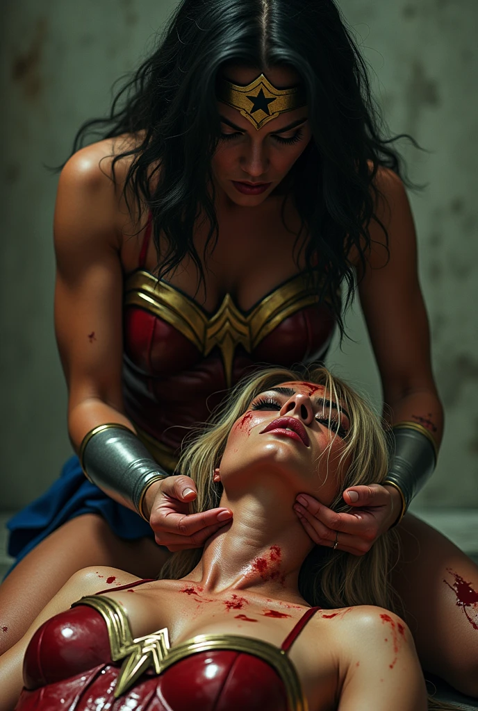 From extreme close-up a beautiful black-haired woman under the cloak of the Amazon warrior Wonder Woman screaming with the blonde Kara zor-El alias Supergirl in her arms crying her death a lot of blood around her bloody and terrifying images Supergirl with many wounds and blood dying slowly,(((Images without any deformity in their limbs)))