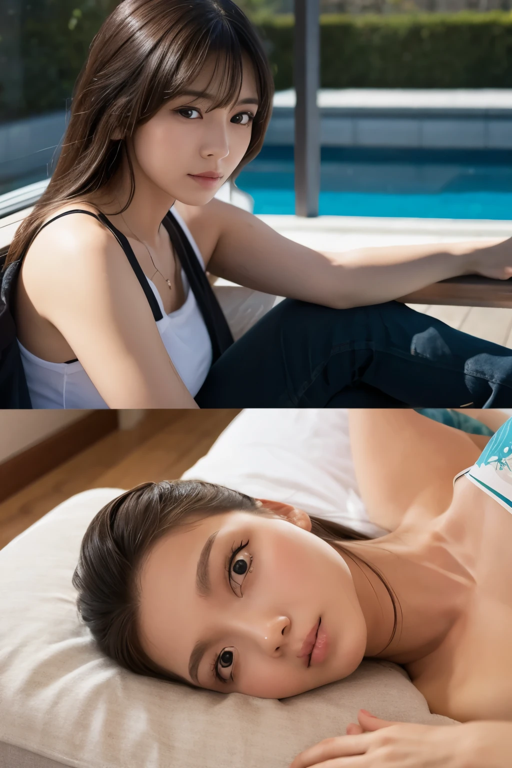 ((best qualtiy)), ((tmasterpiece)), (The is very detailed:1.2), (2 Yoga beauties),Yoga mat, morningglow, canon 6d,perfect bodies,sweat leggs,wetclothes,short detailed hair,Focus on the face,looking-down,The face is rich in detail,Good anatomy,Realistic light and shadow
