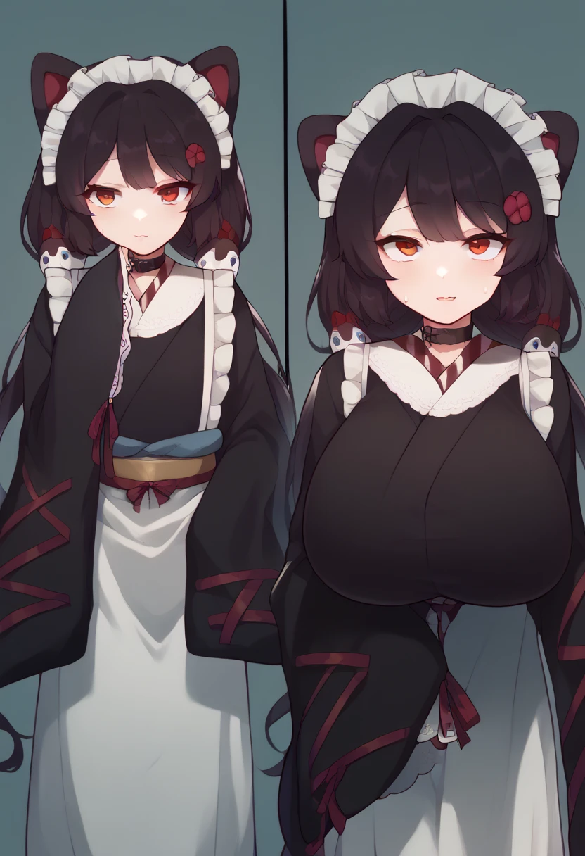 Hyper realistic, it1, flower, twintails, low twintails, very long hair, dog girl、 girl standing 、
choker, maid headdress, black kimono, wide sleeves, frills, Heart, white apron, sleeves past wrists, skirt, red skirt, perfect face, perfect lighting,, sexy female, huge breasts, sweat, hanging breasts,、
、breast expansion、
multiple views