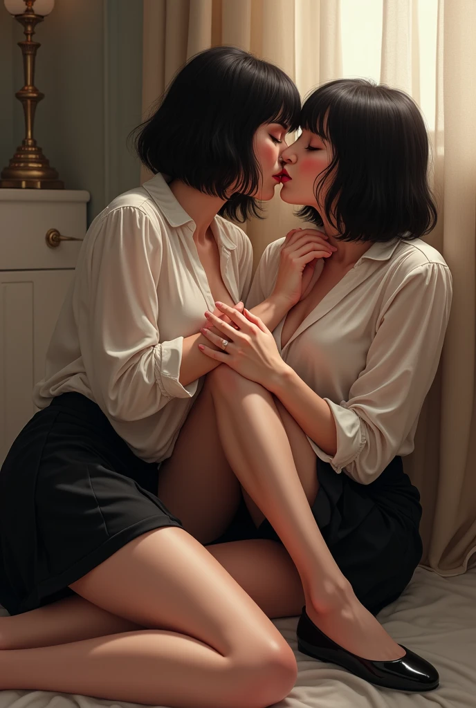 Amazing portrait of two lesbians aggressively making out passionately with their lips touching as they're hugging each other tight and kissing passionately and erotically with one sitting on the lap of the other who's sitting in a chair next to a window as it's raining outside during night time in a dark room with one lamp giving off warm lighting