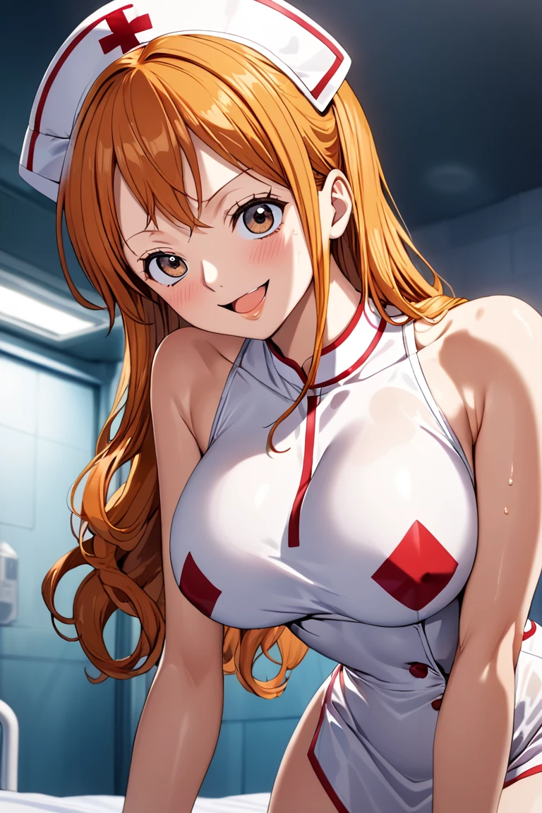 masterpiece, Best Quality, High resolution,16k,official art,super detailed skin,detailed,animated painting,(Nami:1.5),(onepiece:1.5),1990s \(style\),(E-cup beautiful breasts)、 (tall:1.2),height: 175cm,Fashion model body type、clevage, Sexy long legs,(white nurse costume),underboob,Abdominal muscles、, oraneg hair,semi-long hair,big eyes,long eyelushes,Muscular、1girl,solo,nsfw,sexy,happy,smile,shy,blush,(vulgarity:1.3)、(Ahegao:1.2),Anime-style painting style,Close up on fupper body,Cinematic lighting,Superfine,Seductively Posing,dynamic angle, closeup shot,(bedroom in hospital),Sweating all over the body,splead legs,morning,closeup