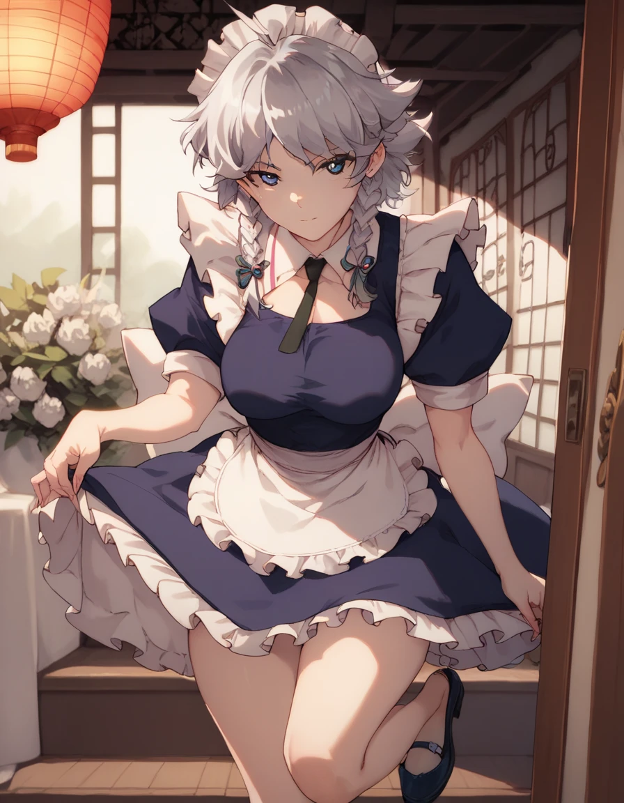  Sixteen Night Sakaki Night （Oriental Project）, maid outfit ,Thighs, Silver Hair, blue eyes, Viewer Target,walk