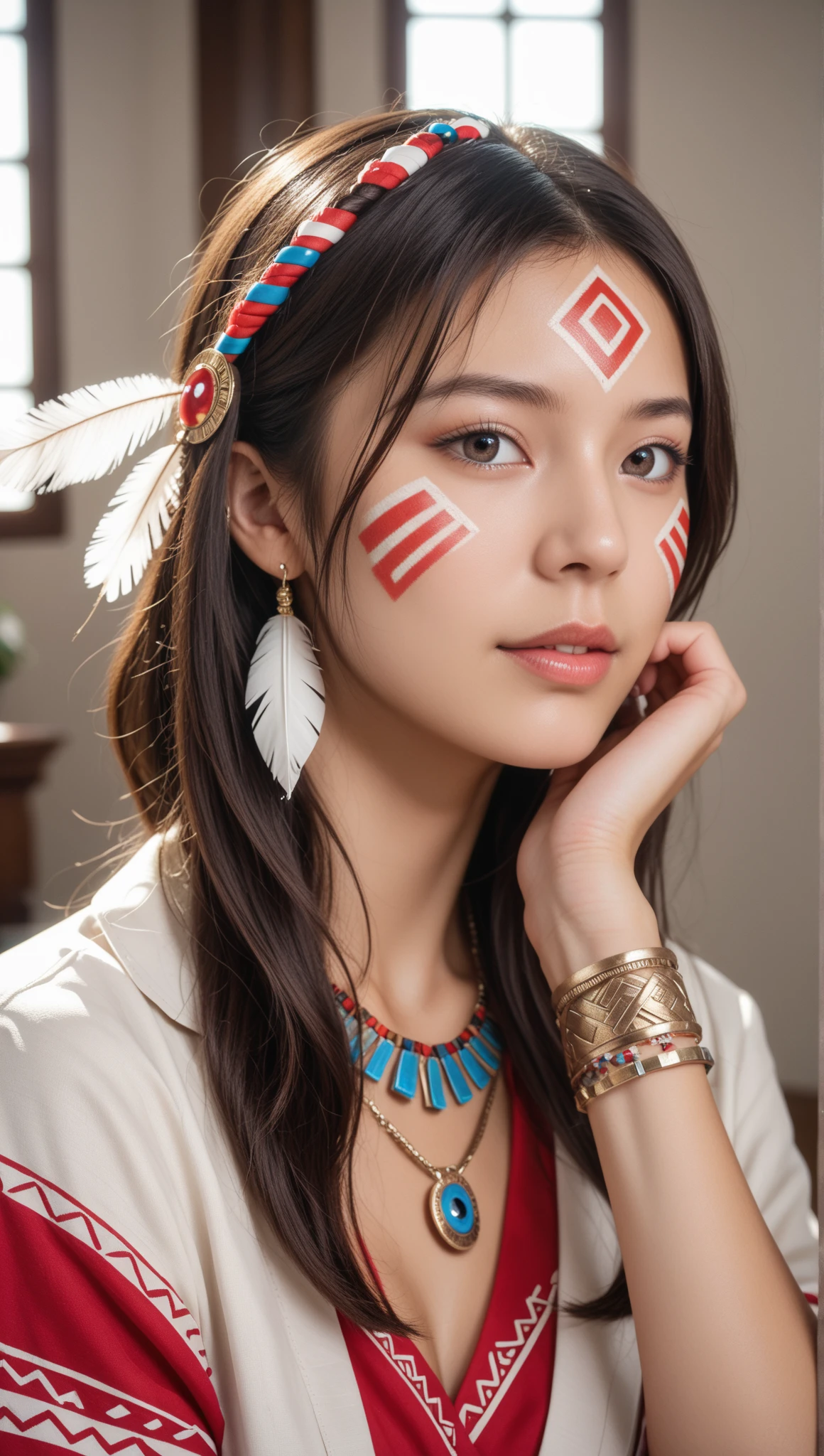 One girl,Native American, feather,hair ornaments,jewelry,necklace,Tribal,Head ornament,Bracelet,Face Paint,Braiding,bracelet, Wow_fast_no_Freezing_style, One girl in full growth, 最high quality, masterpiece, Super detailed, high quality, perfect nose, Highly detailed skin, Warm skin tone, Rebellion 512, RAW Photos, 最high quality, High resolution, (masterpiece), dream-like, dream-like, modelshoot style, analog style, Tone Mapping, Realistic, Professional photography, Sharp focus, High resolution, 8K resolution, Exquisite detail, Refined details, Super detailed, (Depth of written boundary), Highlights and Shadows, Volumetric lighting, Cinematic Flowers, Professional Light, View your viewers, Spotted,