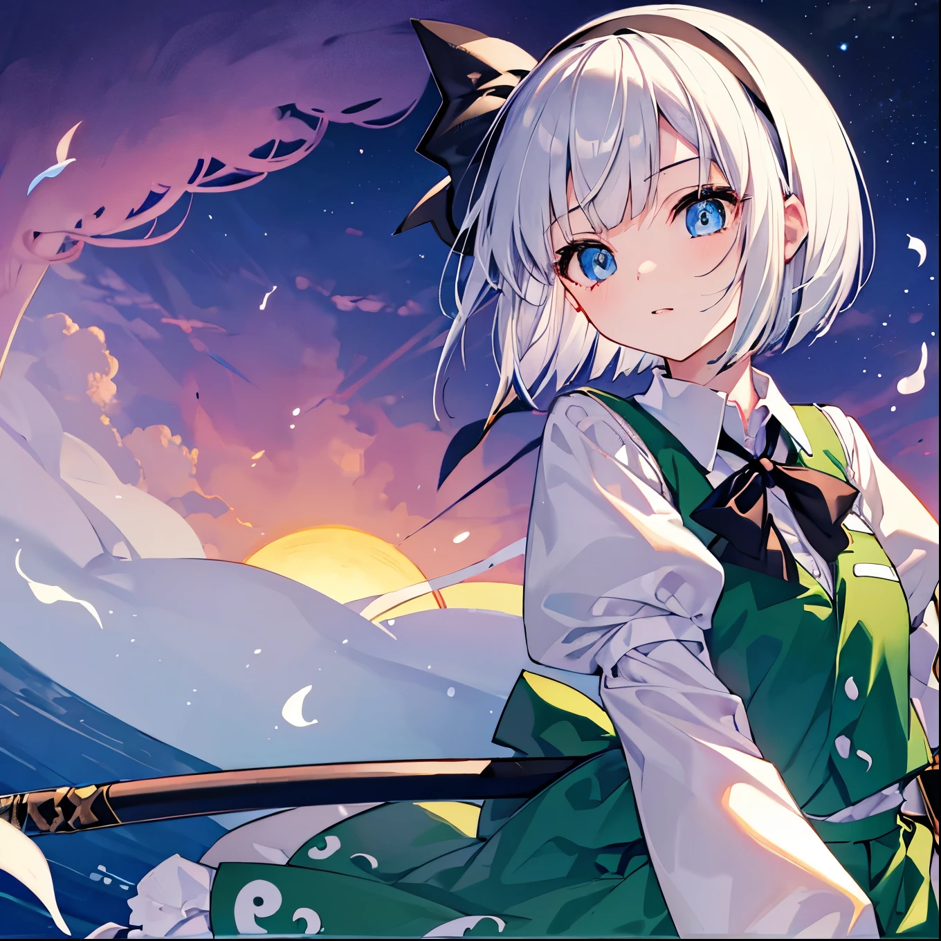 Konpaku Youmu、youmu、 1 girl、 cute、White hair bob cut、 blue eyes、 white long sleeve shirt、 Green Vest and Skirt 、 Black Ribbon Around Her Collar 、black slightly larger ribbon on a black headband、 Serious Girl with a Sword Scabbard 、Sunset background、 Perfect Face 、 Masterpiece、 top quality、Fantastic sky、beautiful、 I laugh shyly 、close、Beautiful and shining eyes、Looks kind、 calm、Modest